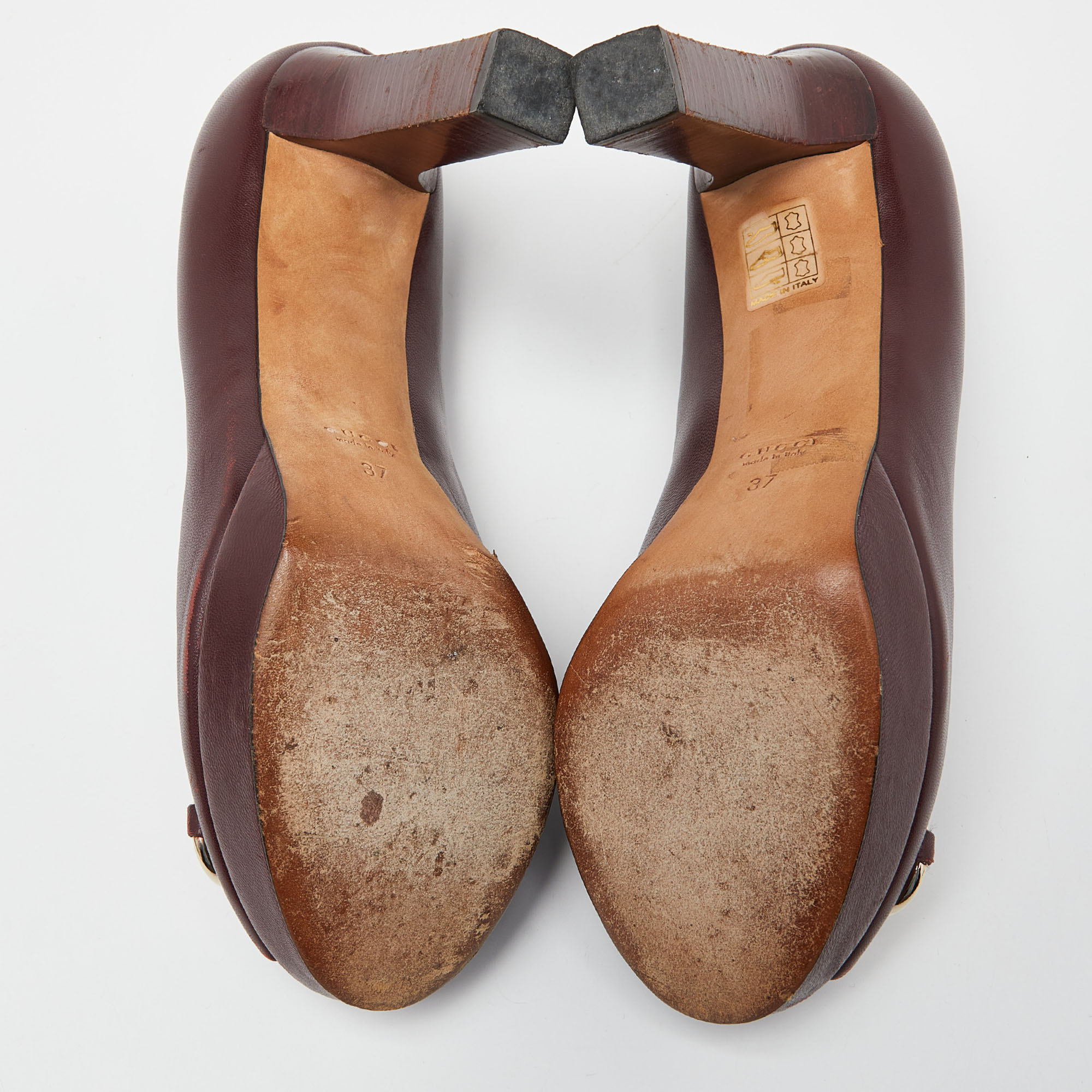 Gucci Burgundy Leather Horsebit Peep Toe Platform Pumps Size 37