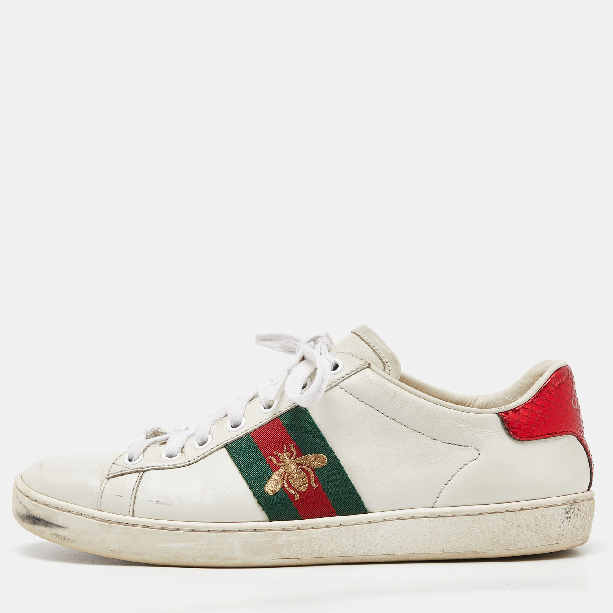 Gucci white leather web detail bee embroidered ace low top sneakers size 38