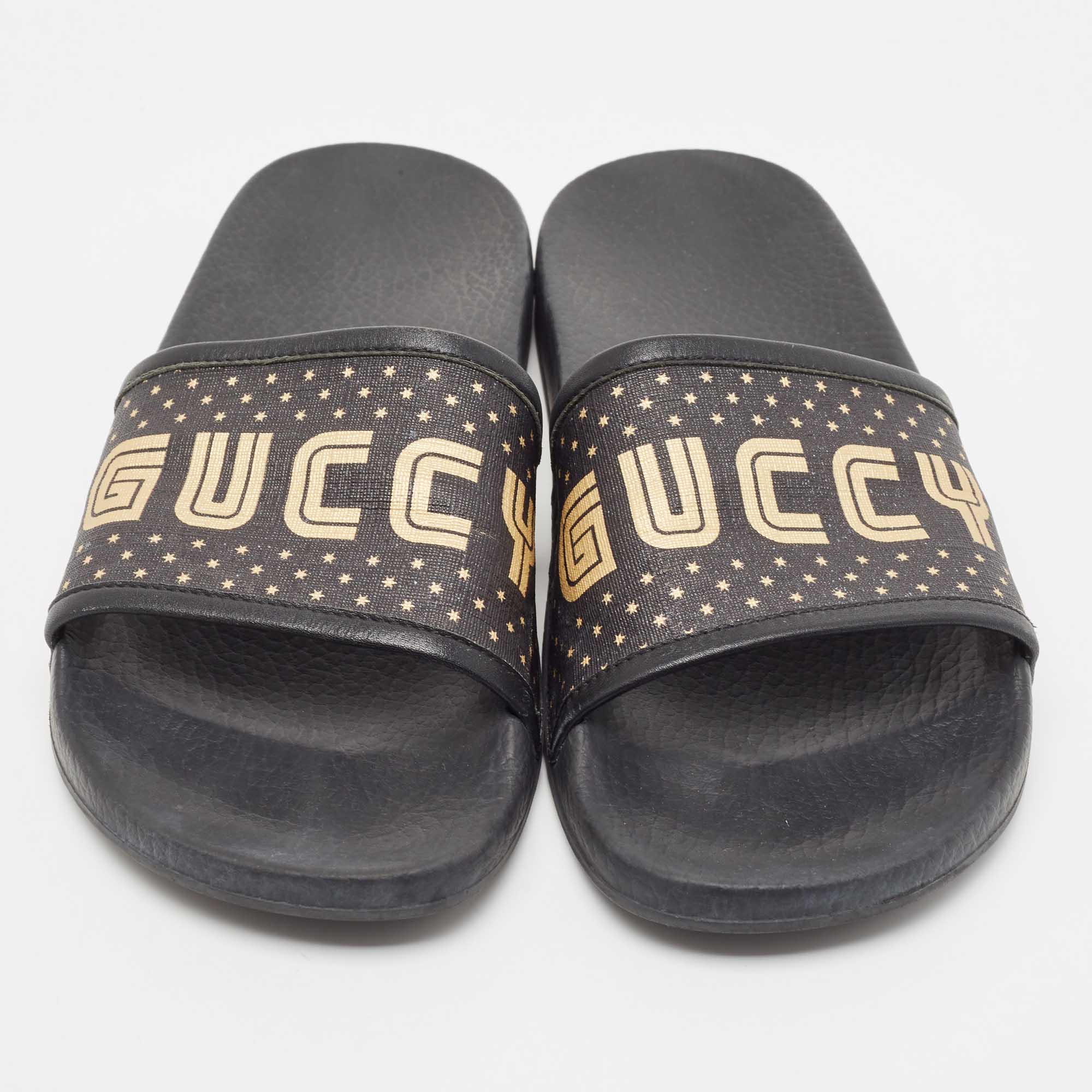 Gucci Black Leather And Canvas Guccy Flat Slides Size 40