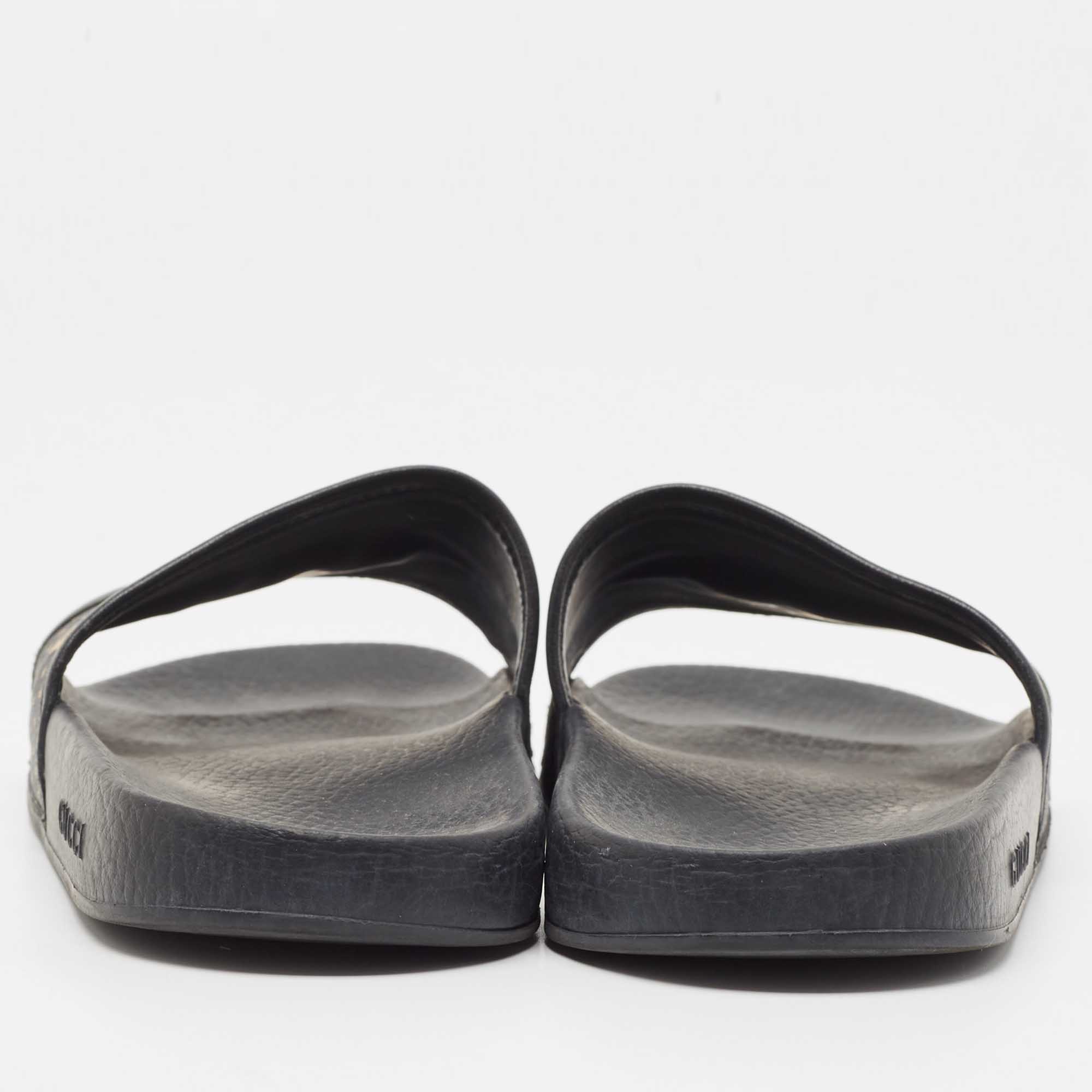 Gucci Black Leather And Canvas Guccy Flat Slides Size 40