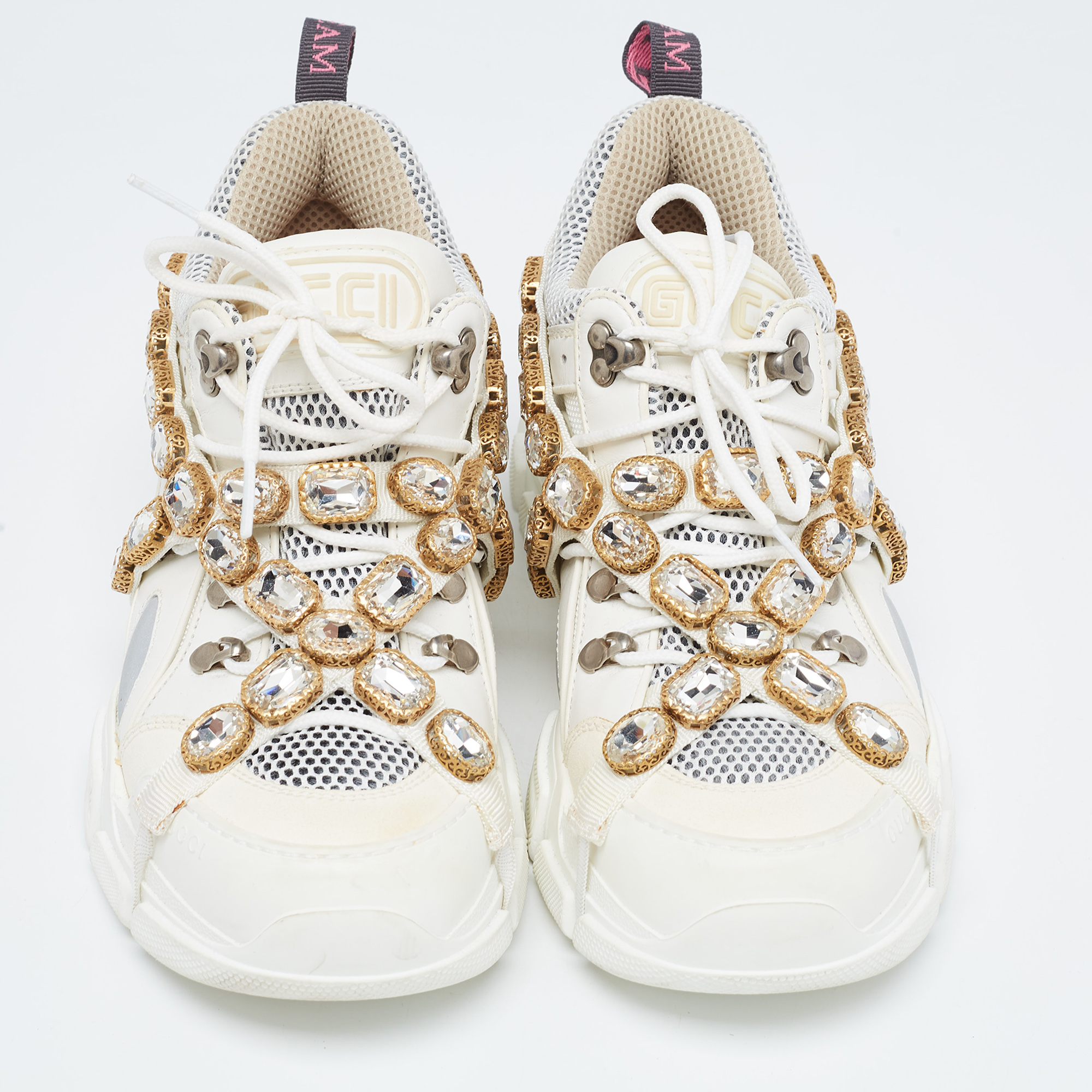 Gucci White/Grey Mesh And Leather Crystal Embellished Flashtrek Sneakers Size 40