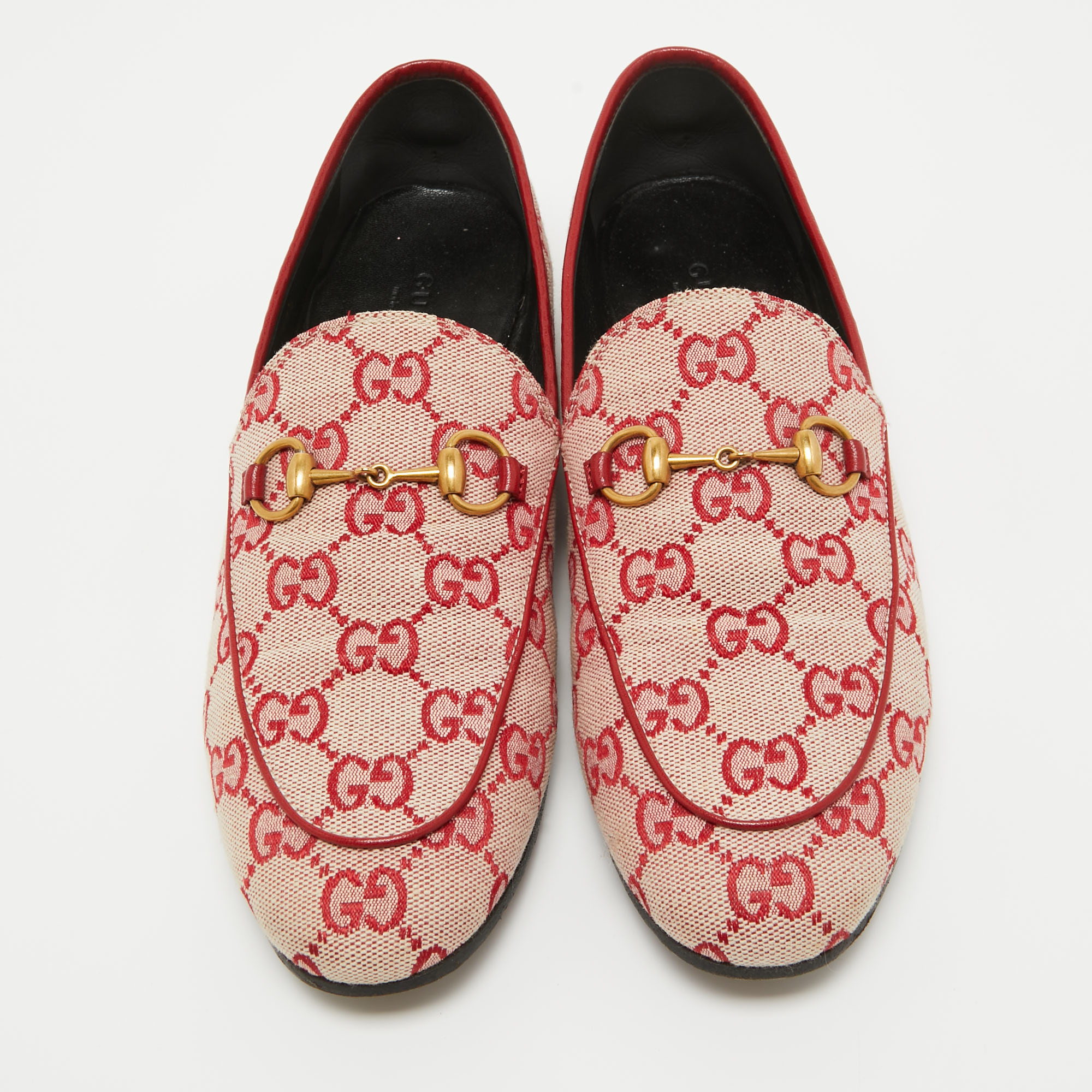 Gucci Pink/Red GG Canvas Jordaan Horsebit Loafers Size 37.5