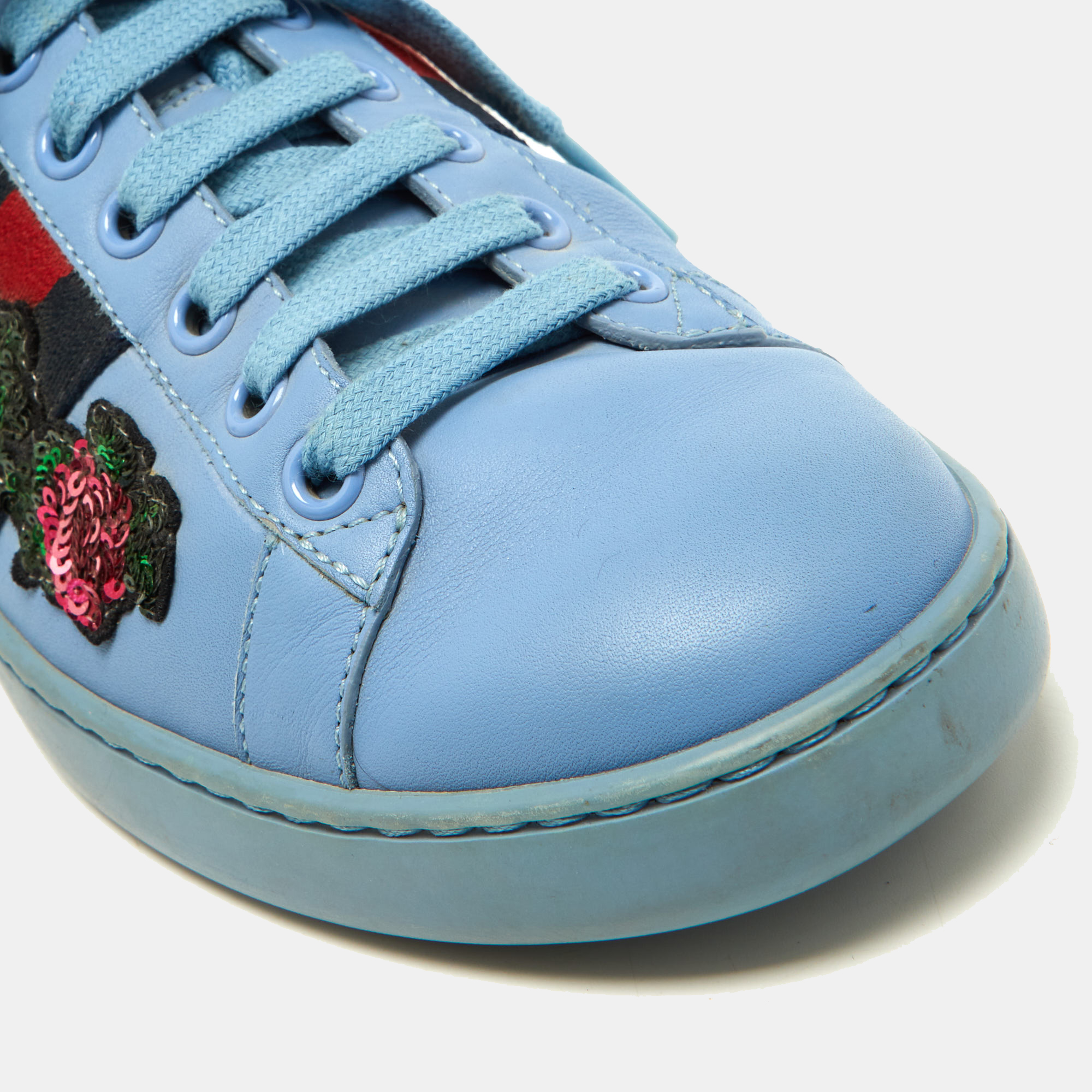 Gucci Blue Leather Flower Sequins Embellished Ace Low Top Sneakers Size 36