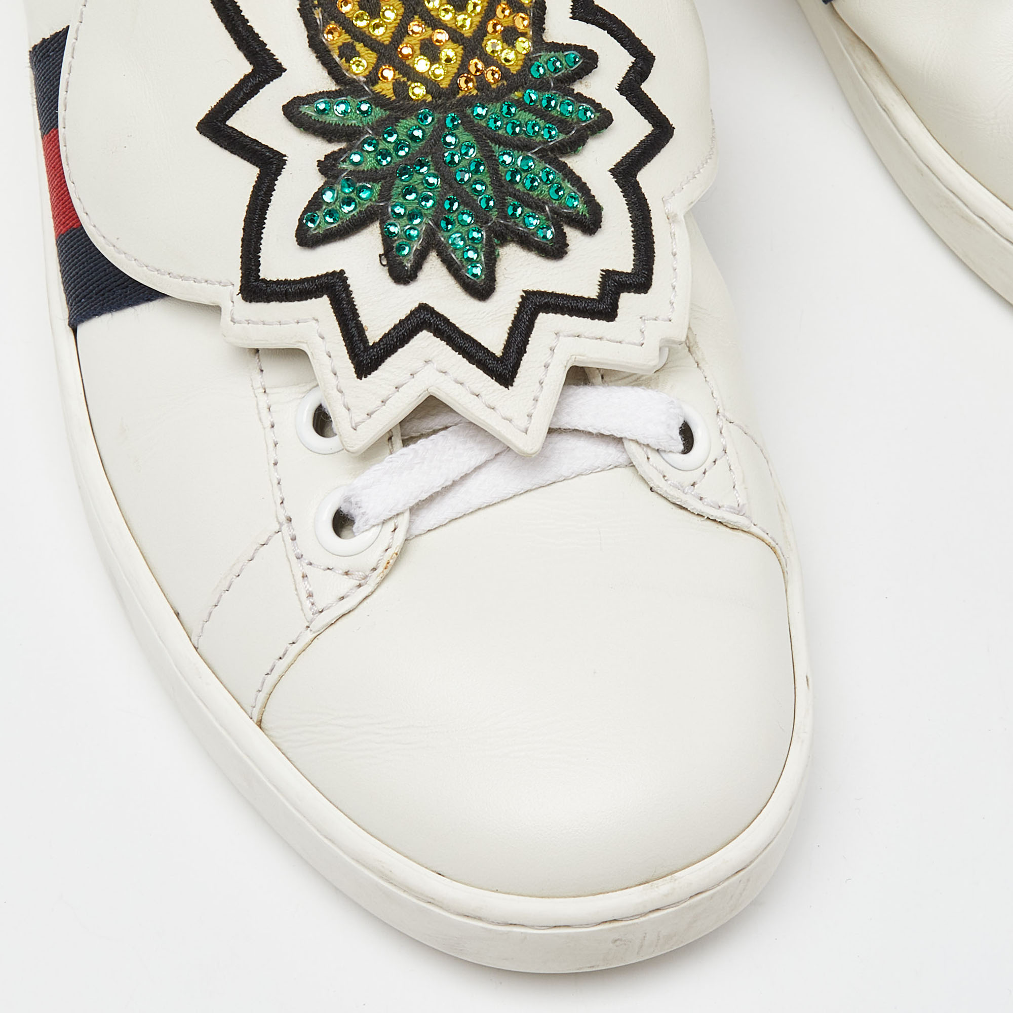 Gucci White Leather Embellished Pineapple Strap Ace Sneakers Size 35