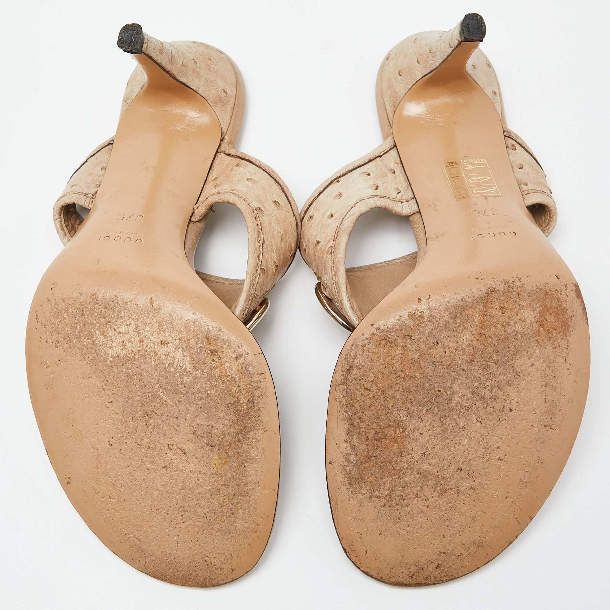 Gucci Beige Ostrich Interlocking G Thong Slide Sandals Size 37