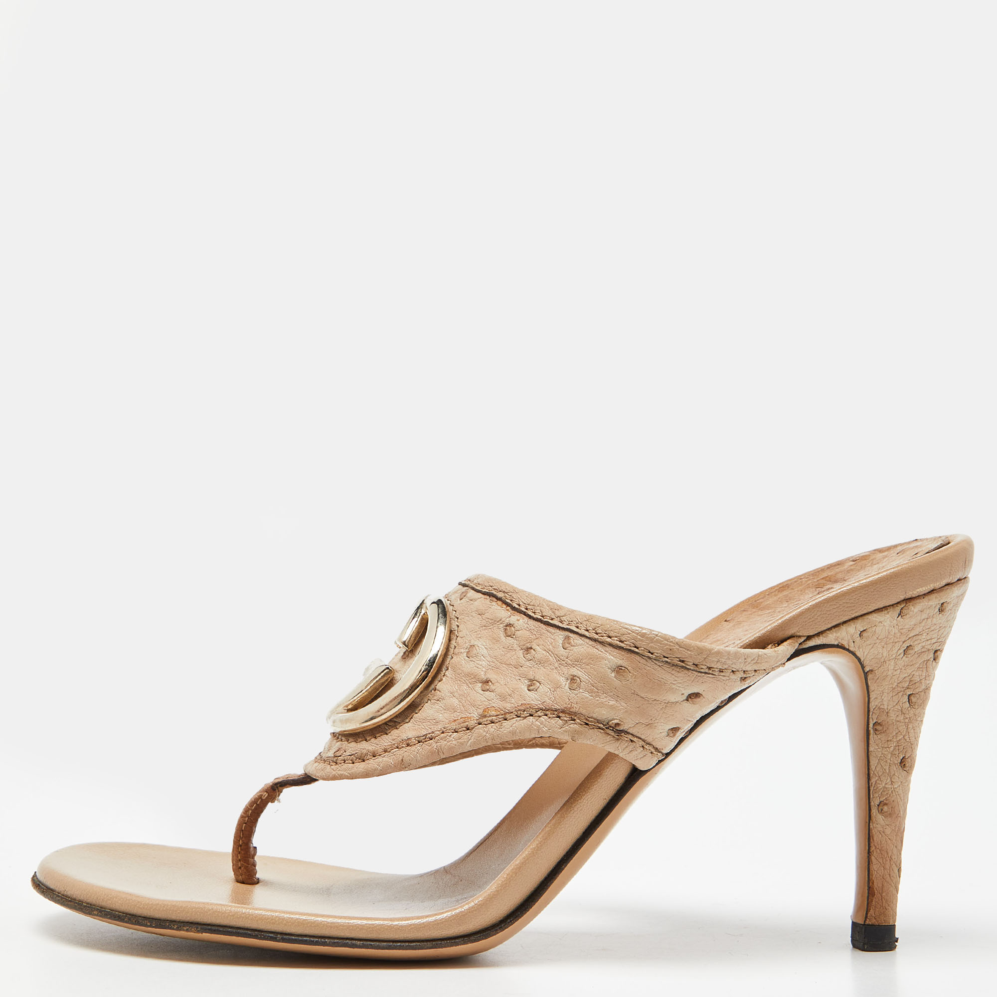 Gucci beige ostrich interlocking g thong slide sandals size 37