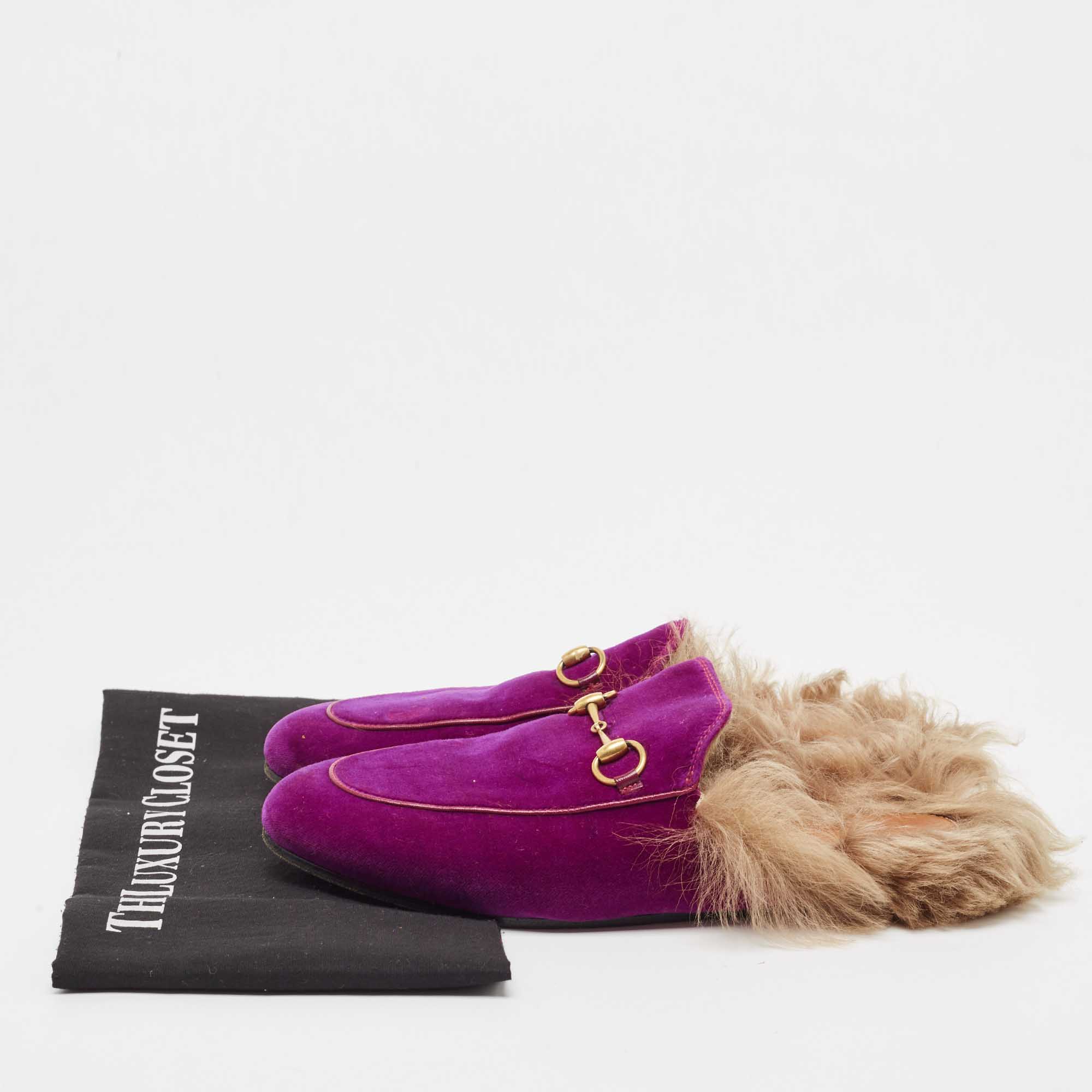 Gucci Purple Velvet And Fur Princetown Mules Size 39