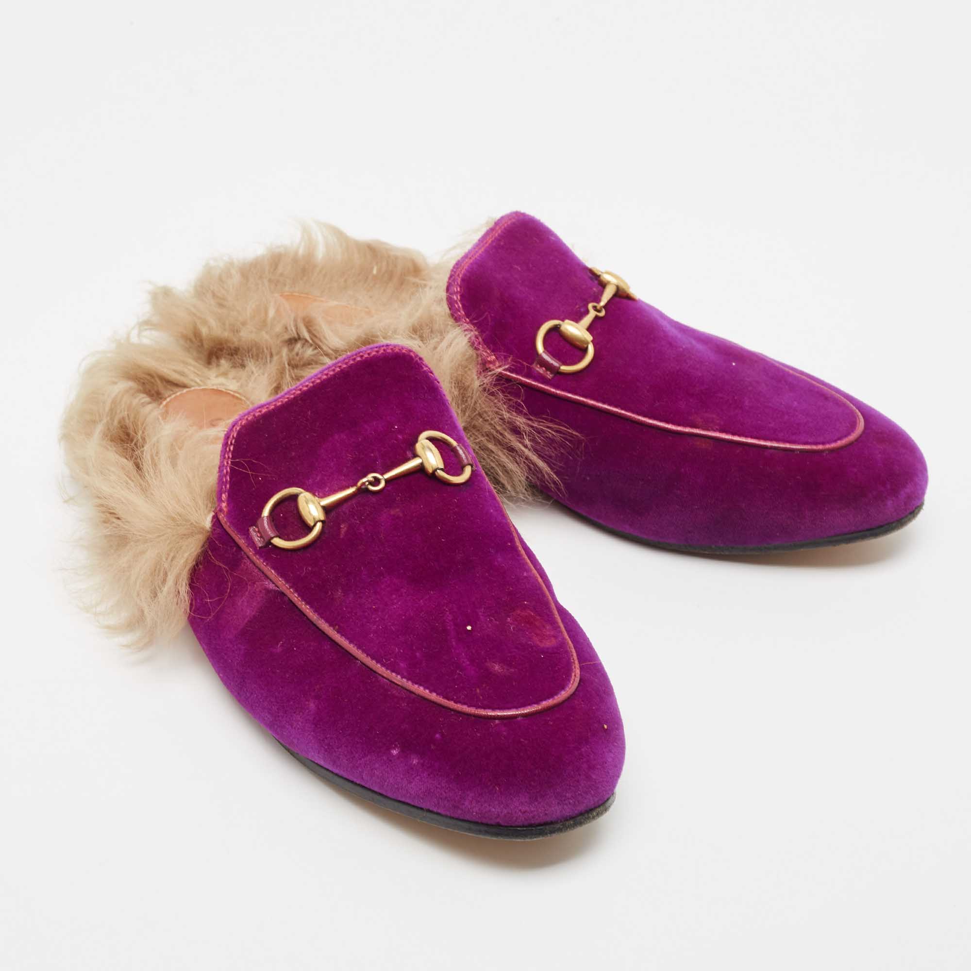 Gucci Purple Velvet And Fur Princetown Mules Size 39