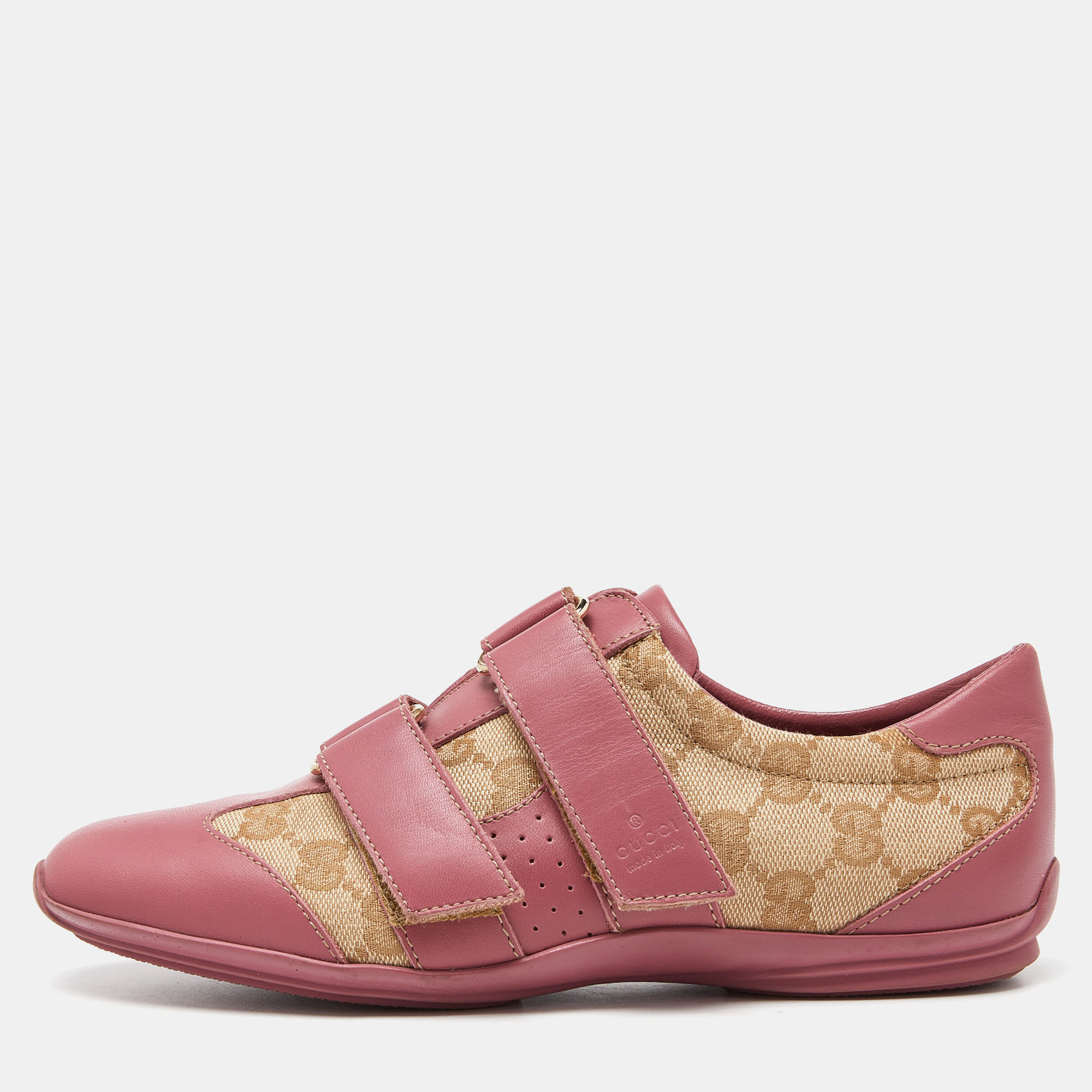 Gucci Beige/Pink GG Canvas And Leather Low Top Sneakers Size 35