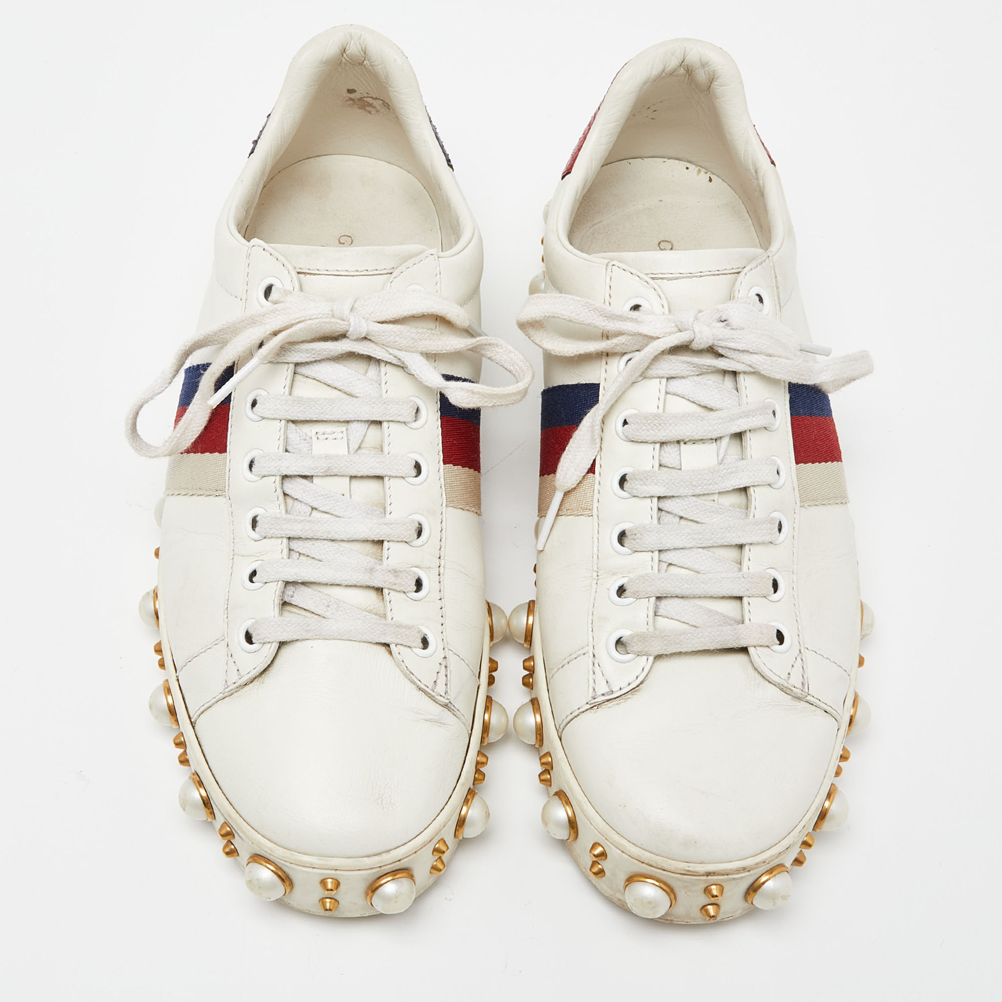 Gucci White Leather Web Detail New Ace Faux Pearl Embellished Low Top Sneakers Size 39