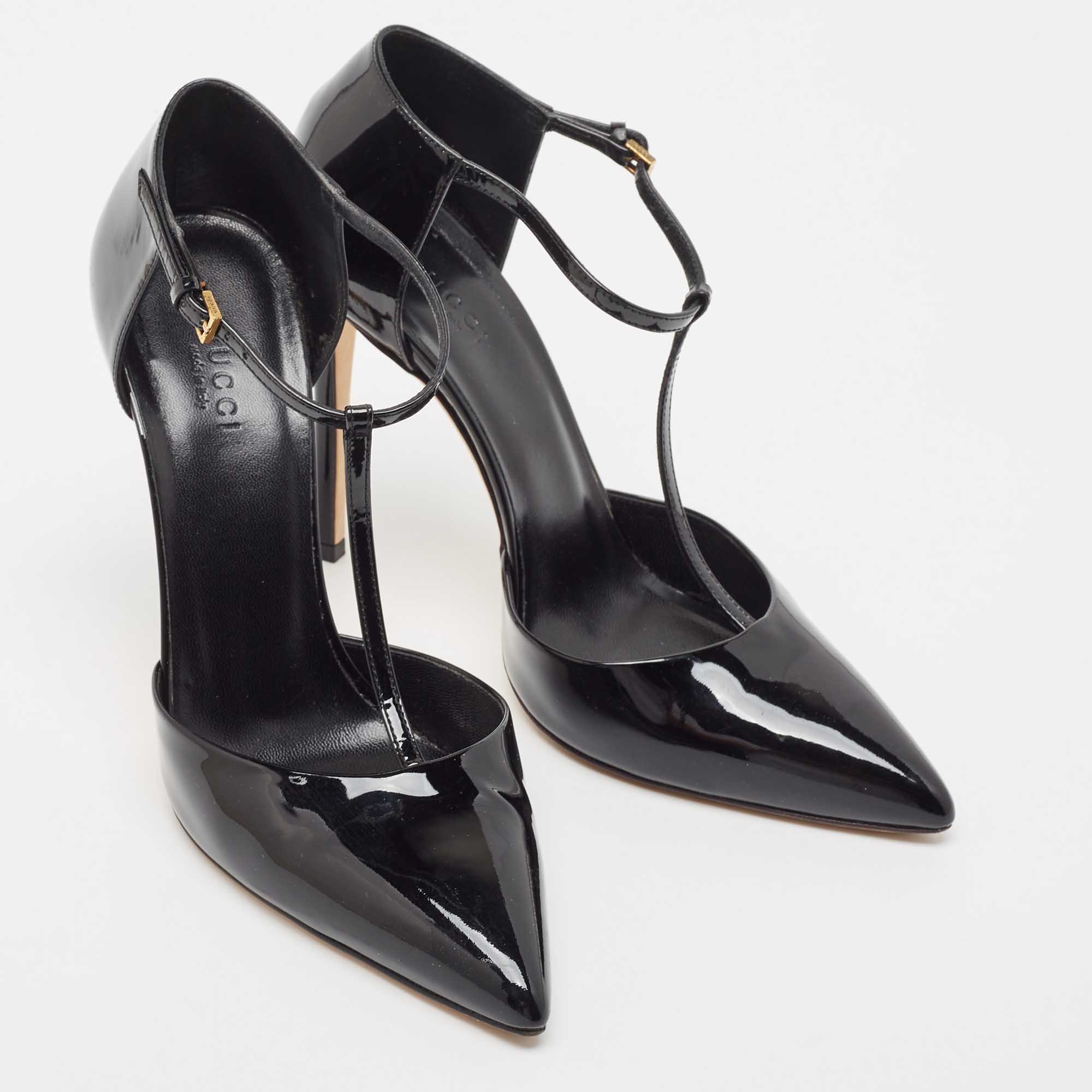 Gucci Black Patent Leather Beverly T-Strap Pumps Size 37.5