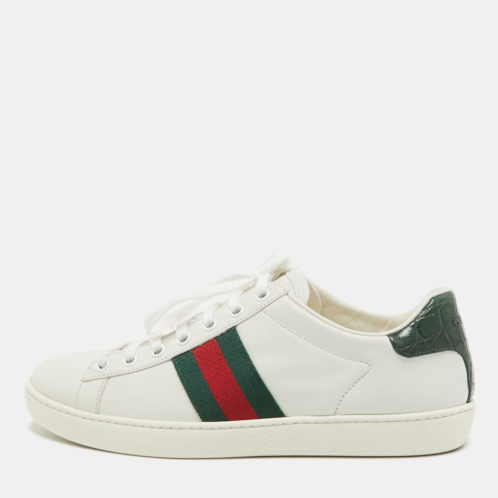 Gucci White Leather Accent Web Low Top Sneakers Size 36.5