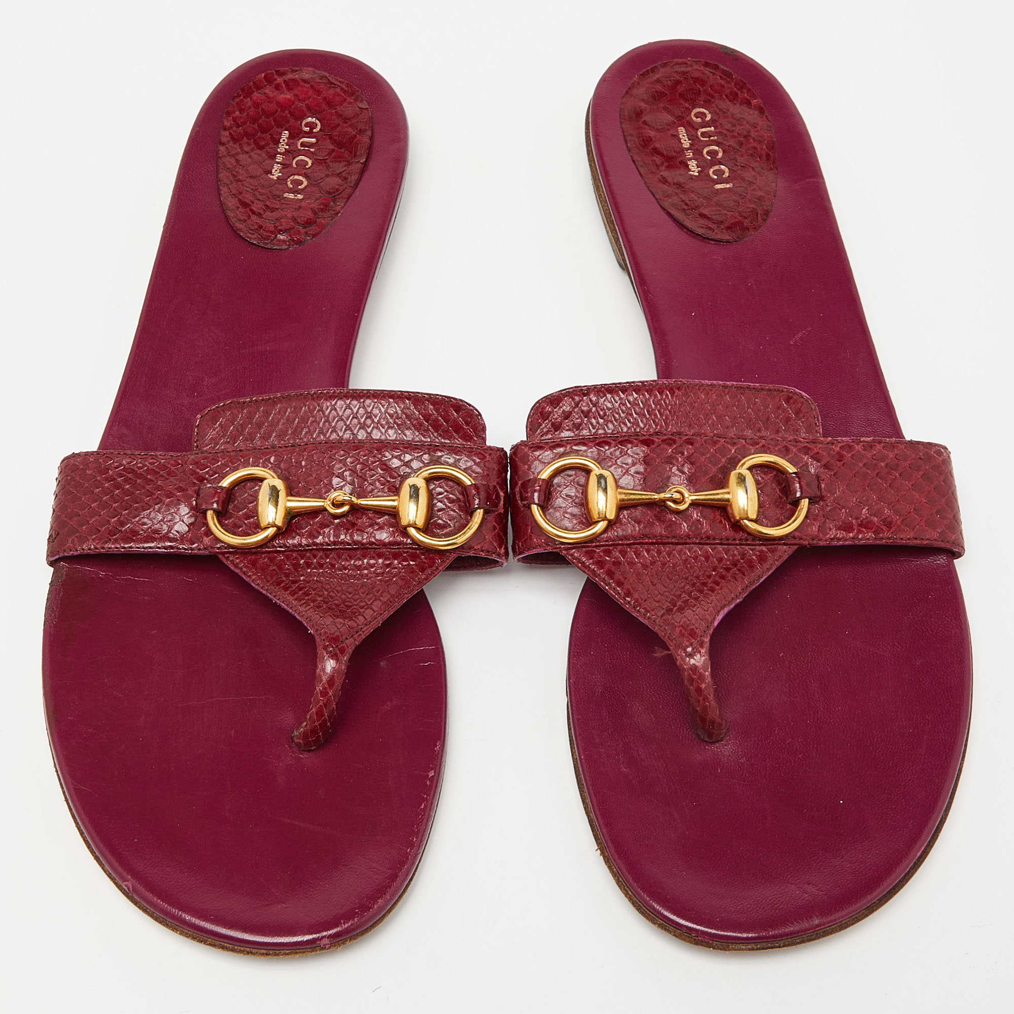 Gucci Pink Watersnake Leather Horsebit Thong Flat Sandals Size 41
