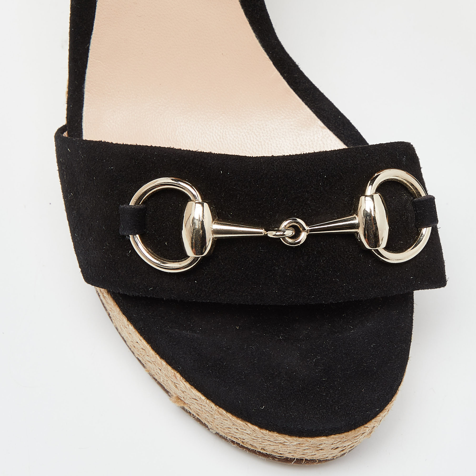 Gucci Black Suede Horsebit Wedge Espadrille Platform Sandals Size 38.5