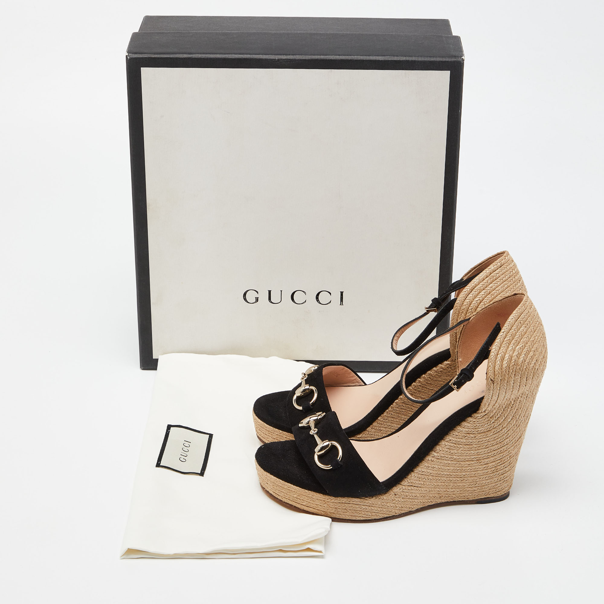 Gucci Black Suede Horsebit Wedge Espadrille Platform Sandals Size 38.5