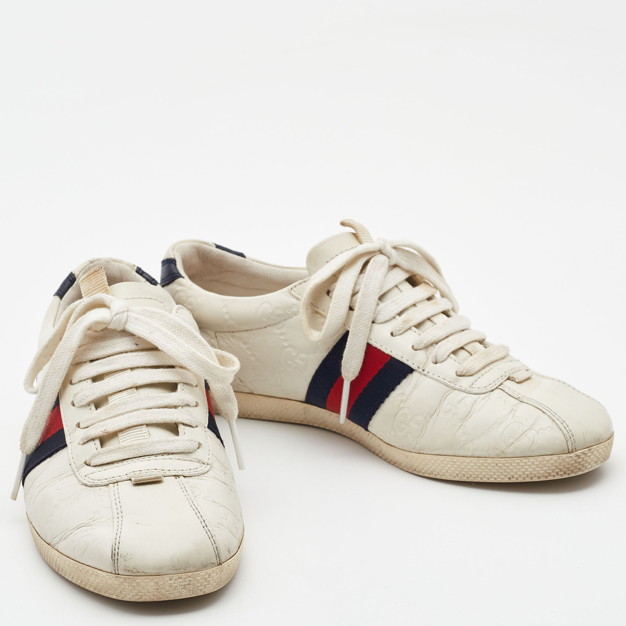 Gucci White Guccissima Leather Web Low Top Sneakers Size 35