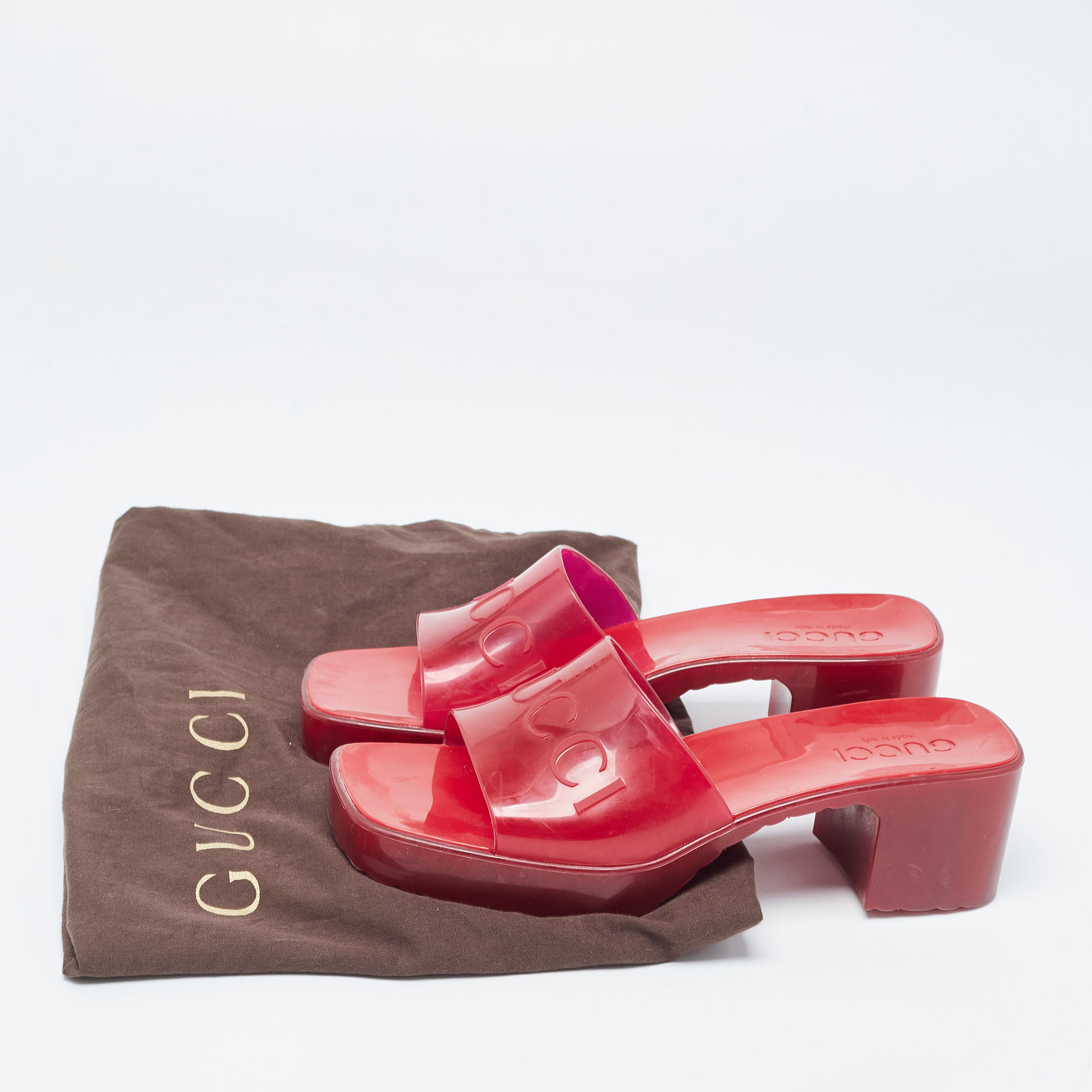 Gucci Burgundy Rubber Embossed Logo Block Heel Slide Sandals Size 36