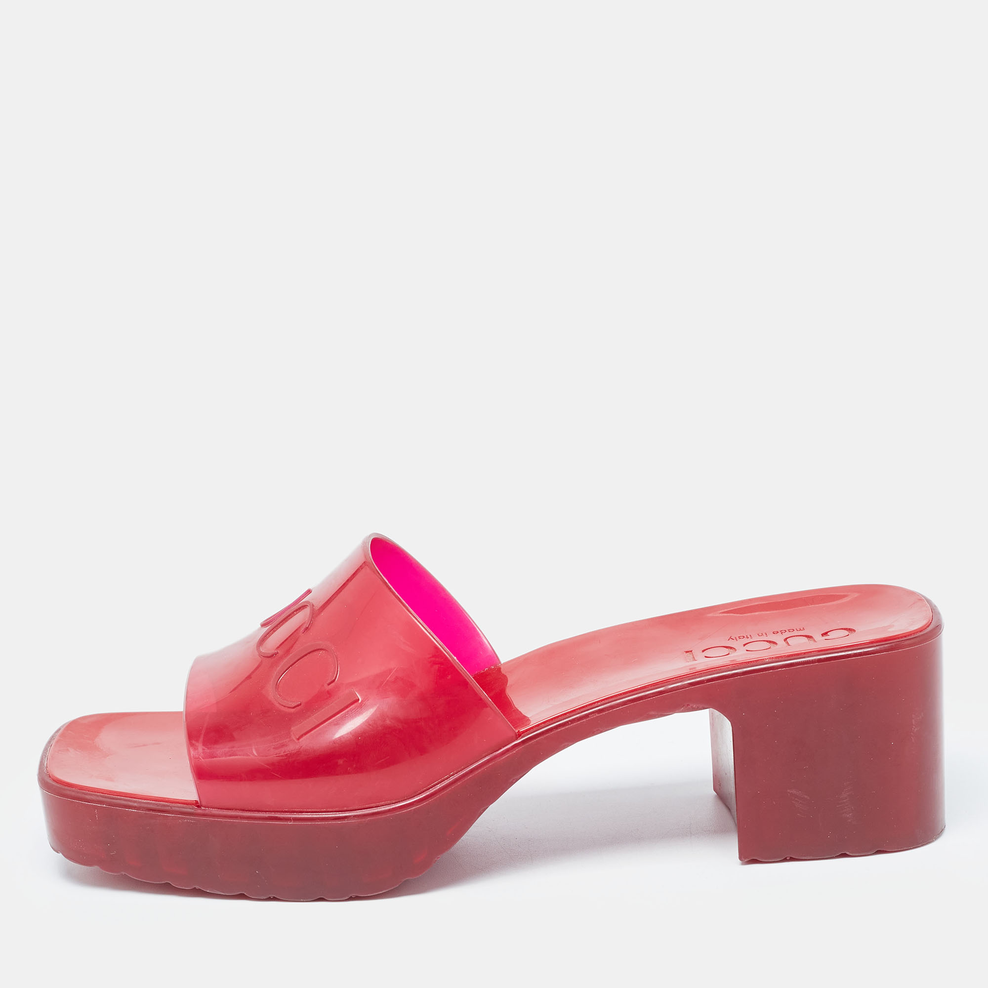 Gucci Burgundy Rubber Embossed Logo Block Heel Slide Sandals Size 36