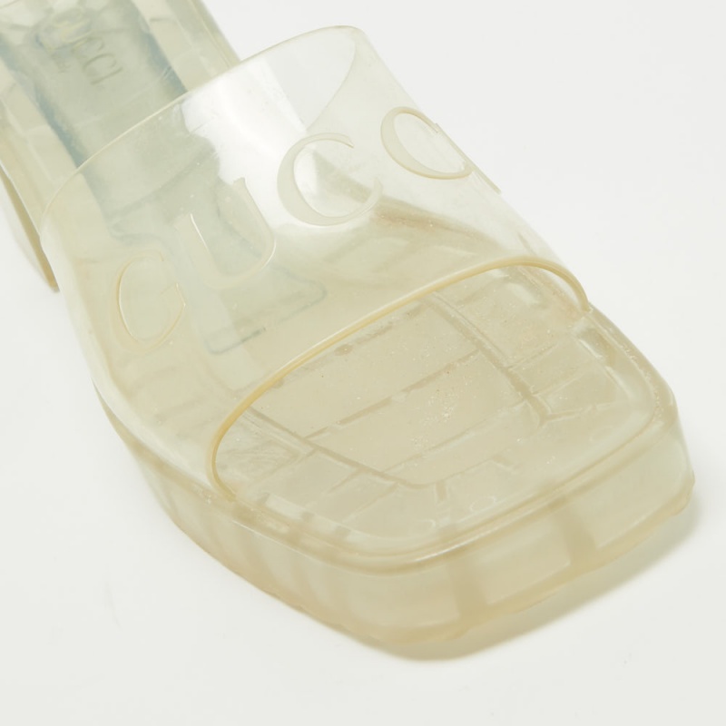 Gucci Transparent PVC Embossed Logo Block Heel Slide Sandals Size 40.5