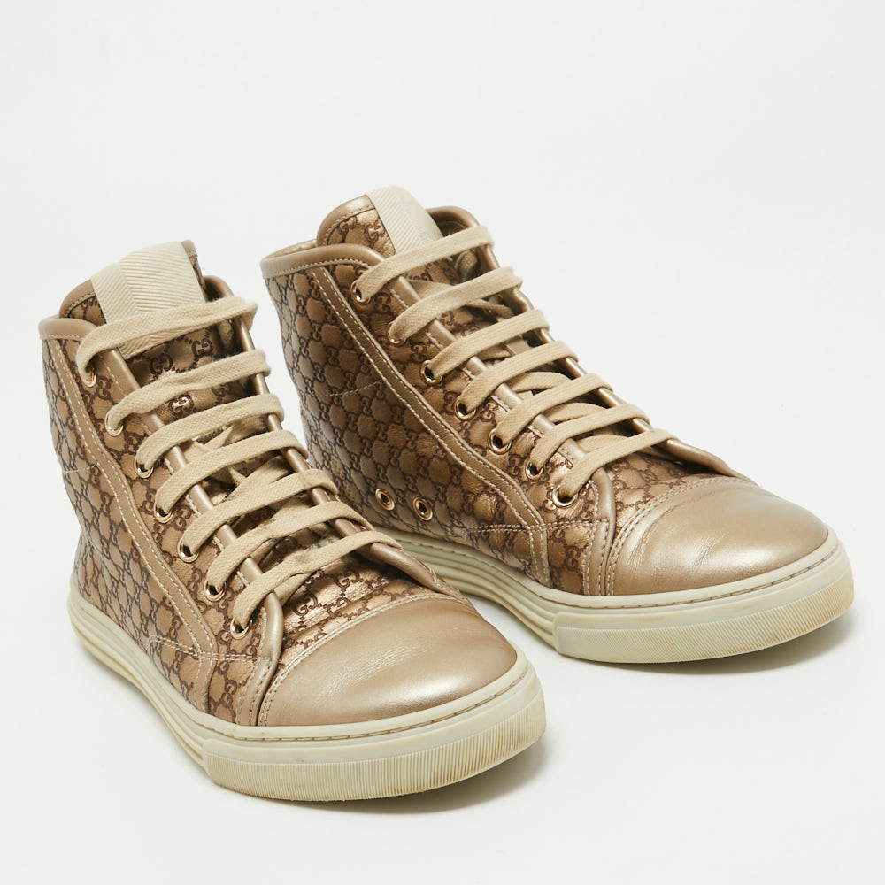 Gucci Metallic Gold Leather Guccissima High Top Sneakers Size 37