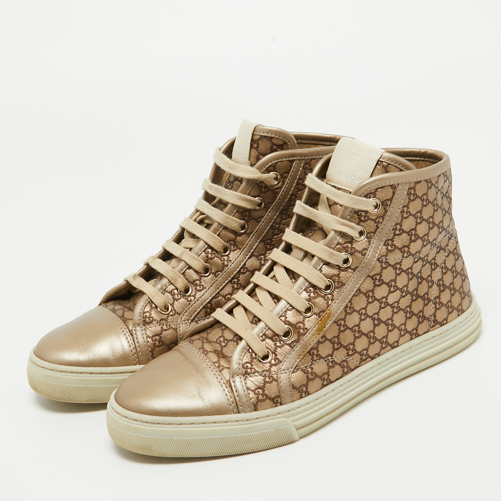 Gucci Metallic Gold Leather Guccissima High Top Sneakers Size 37