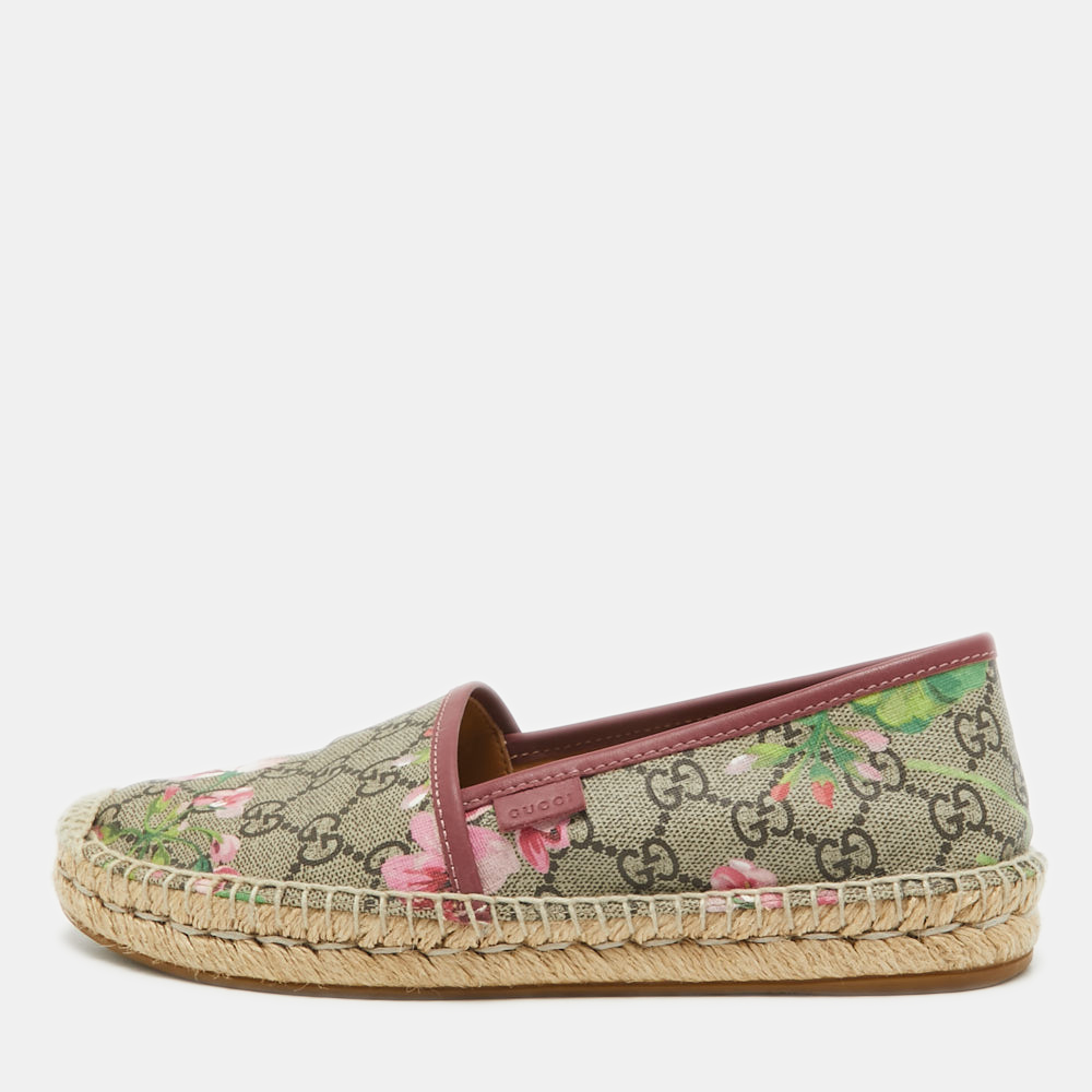 Gucci Grey  GG Floral Canvas Slip On Espadrille Flats Size 37.5