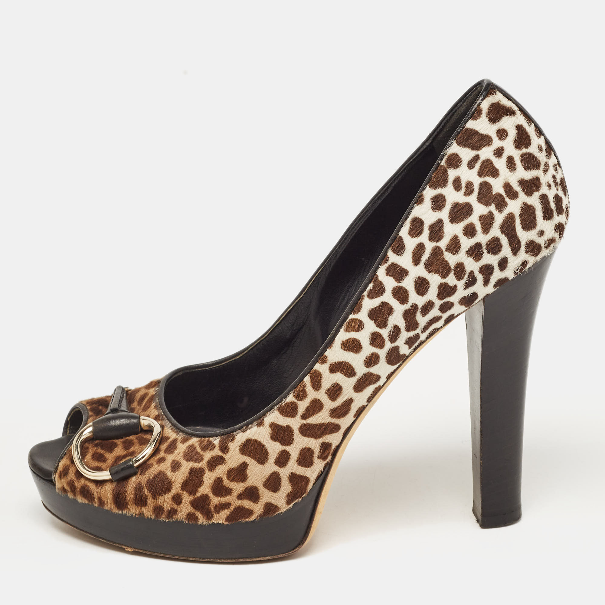 Gucci brown/beige animal print calf hair icon bit peep toe platform pumps size 39