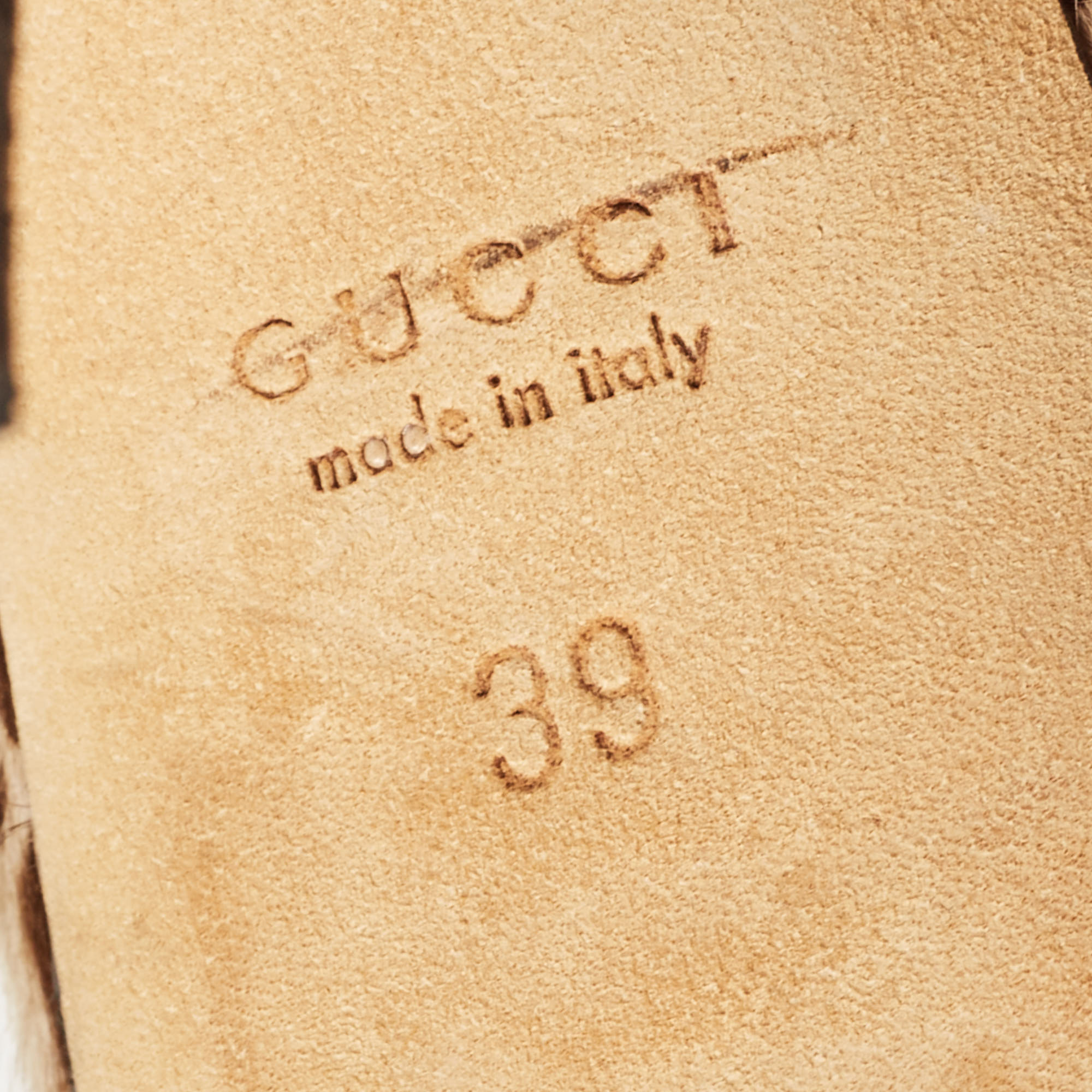 Gucci Brown/Beige Animal Print Calf Hair Icon Bit Peep Toe Platform Pumps Size 39
