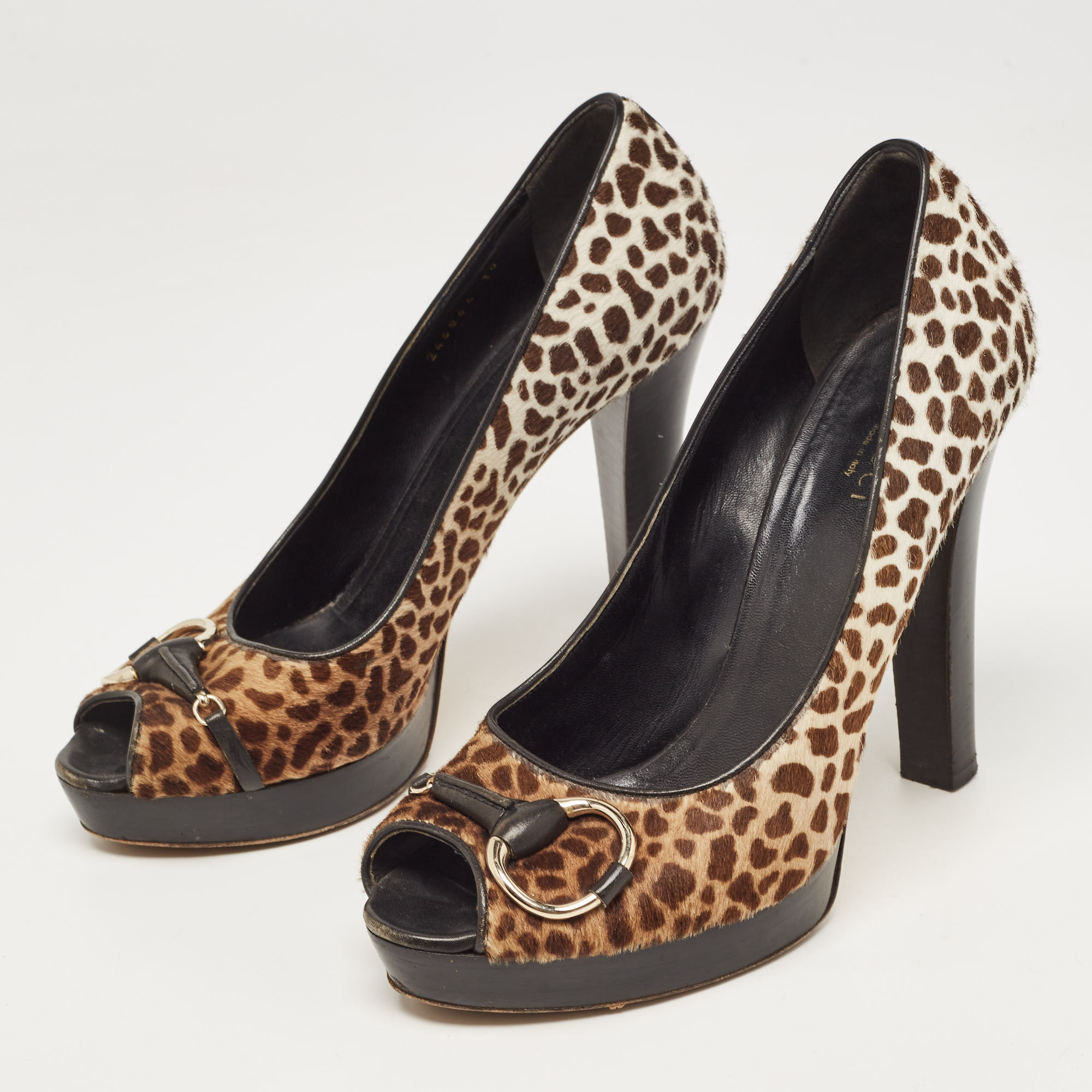 Gucci Brown/Beige Animal Print Calf Hair Icon Bit Peep Toe Platform Pumps Size 39