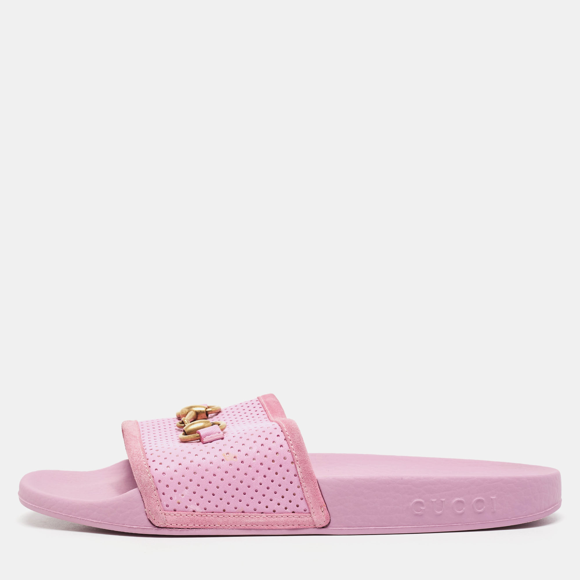 Gucci Purple Perforated Leather Horsebit Slides Size 39
