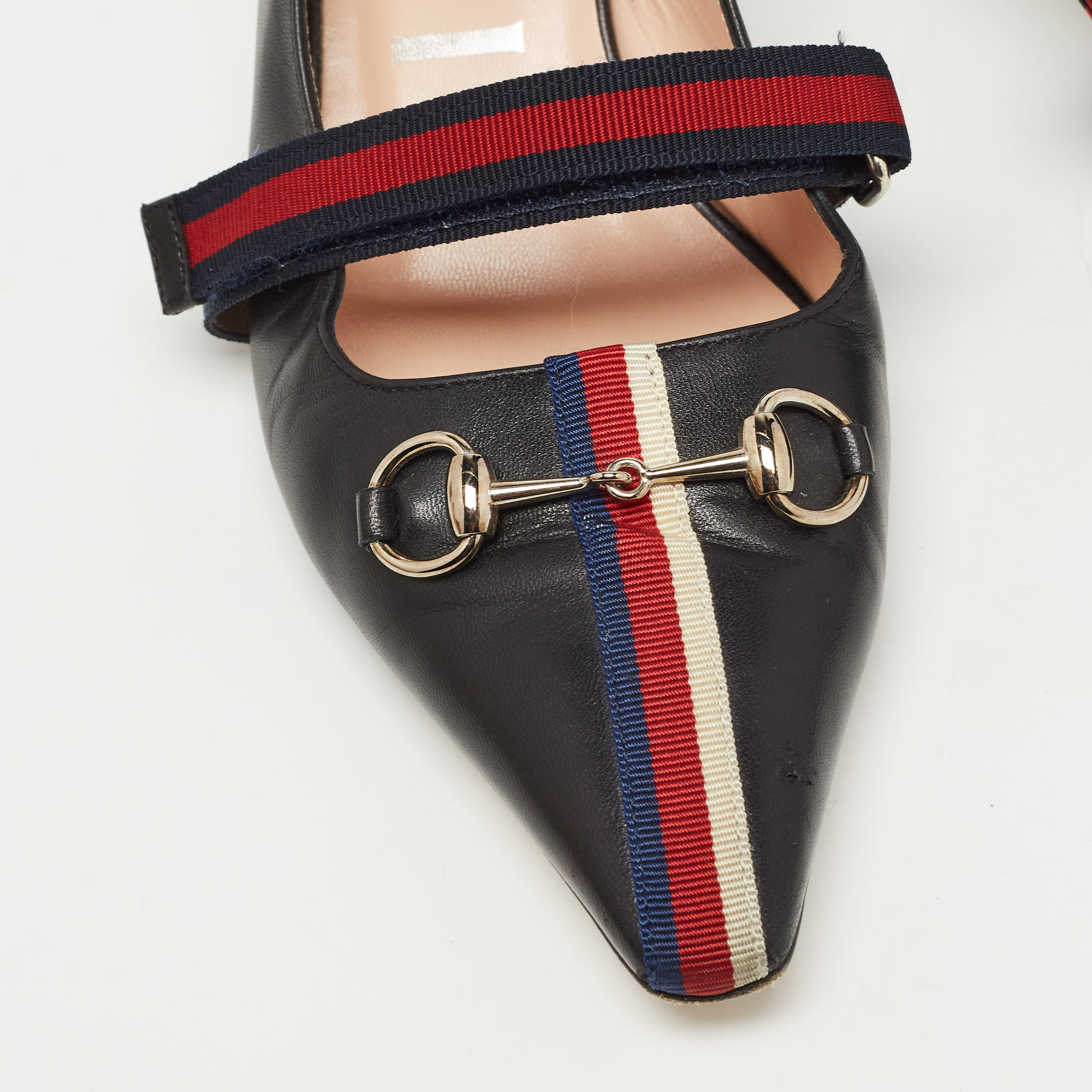 Gucci Black Leather Web Horsebit Mary Jane Slingback Pumps Size 38.5