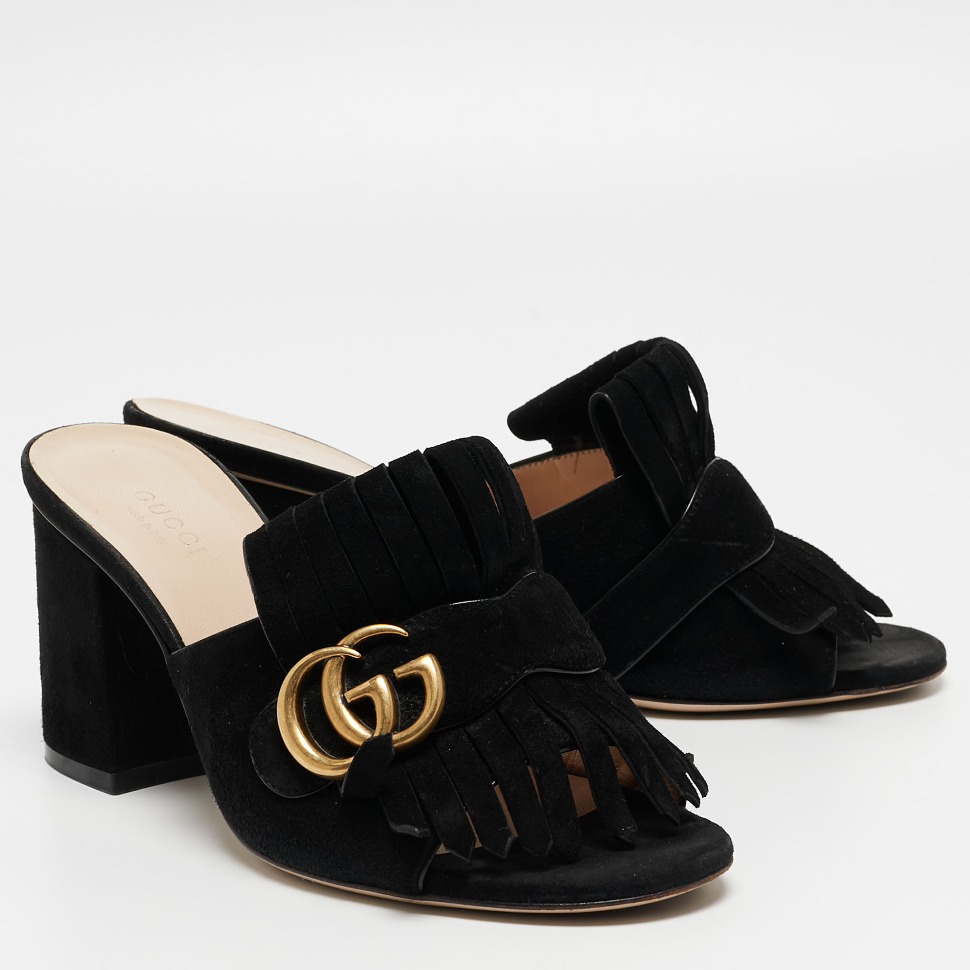 Gucci Black Suede GG Marmont Slides Size 37