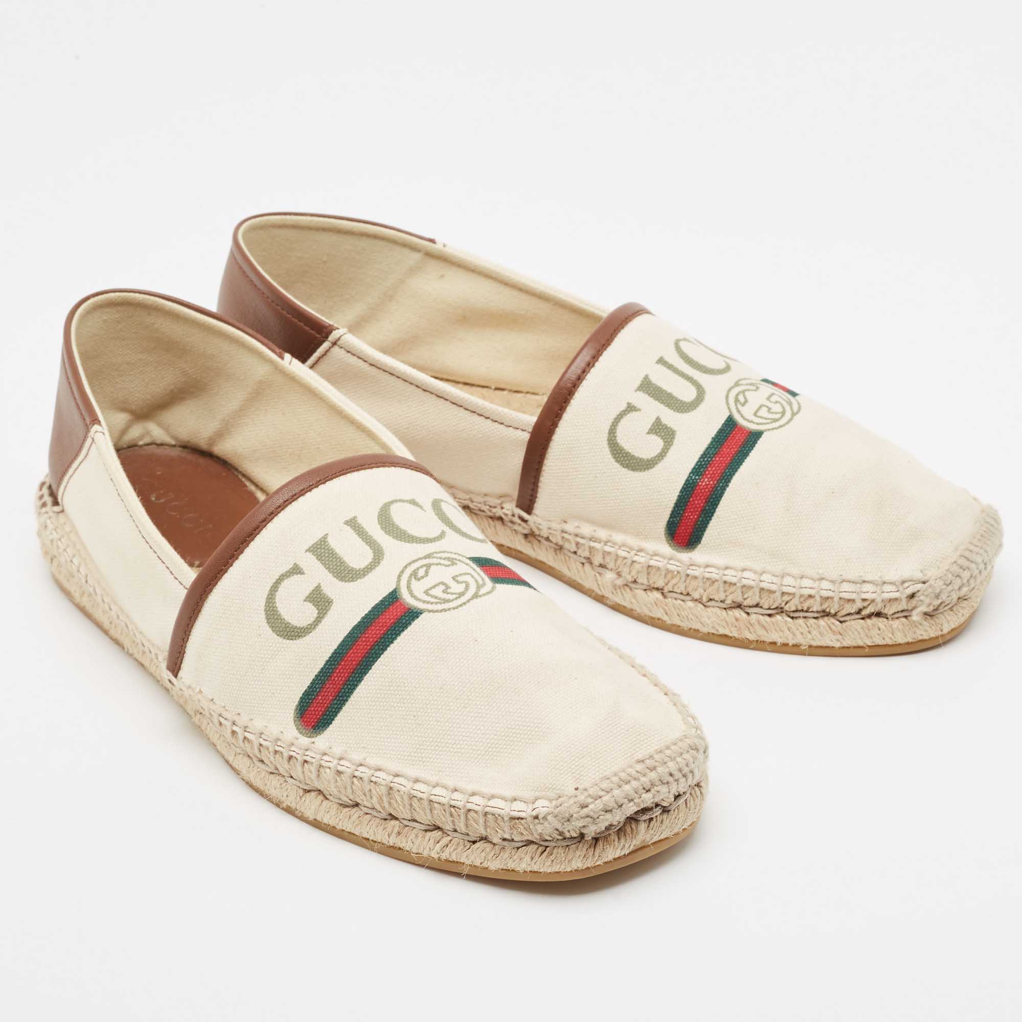 Gucci White/Brown Leather And Canvas  Espadrille Flats Size 40