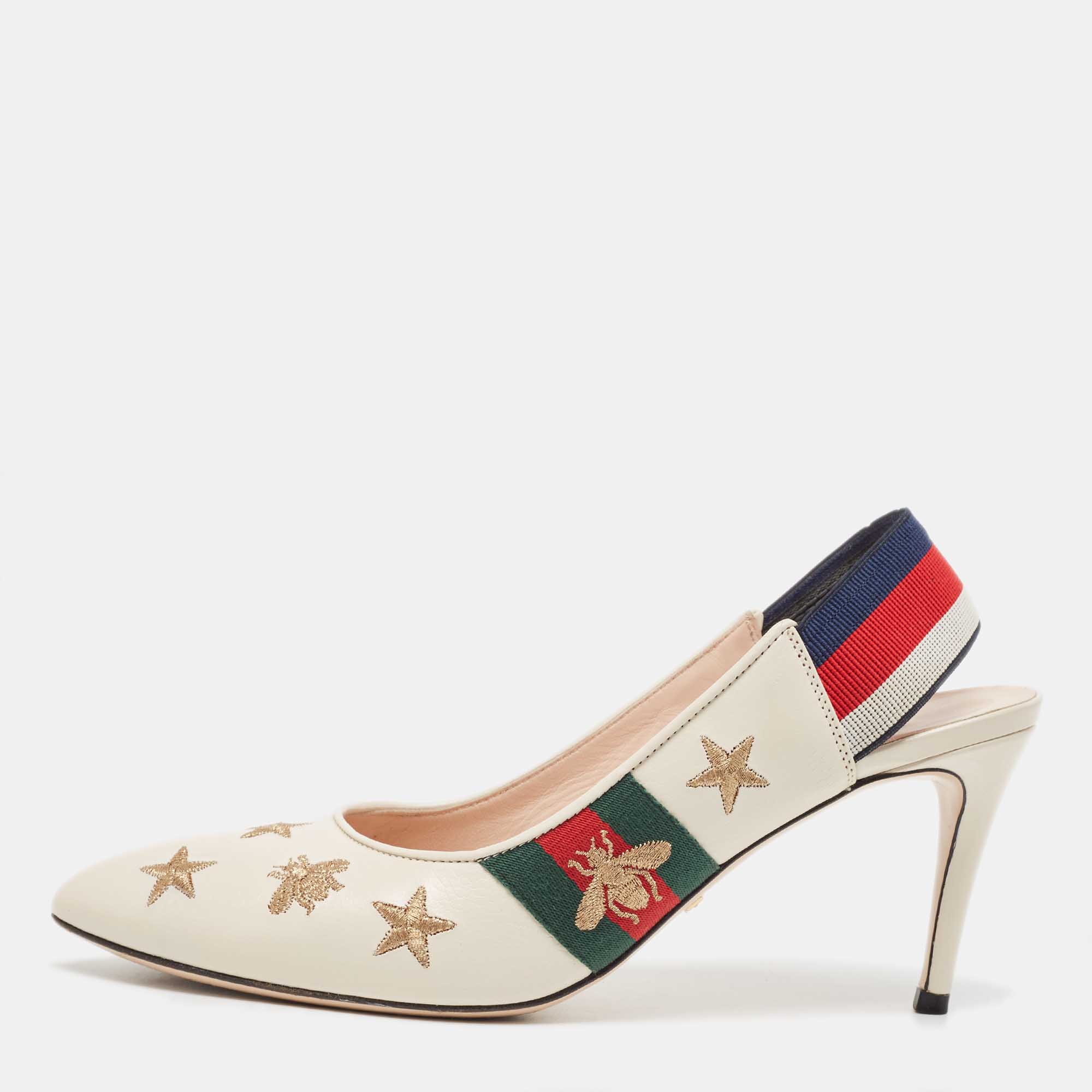 Gucci Off White Leather Bee Star Embroidered Web Sylvie Slingback Pumps Size 38.5