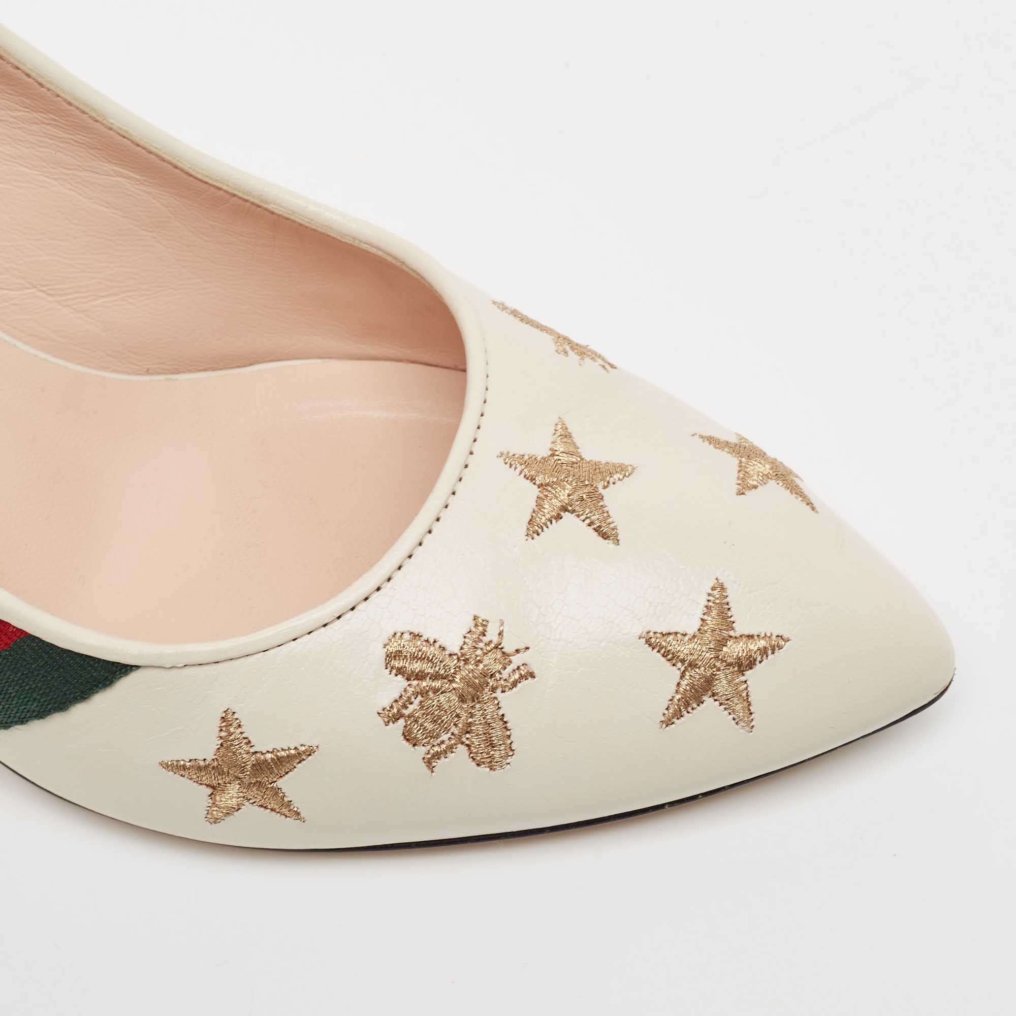 Gucci Off White Leather Bee Star Embroidered Web Sylvie Slingback Pumps Size 38.5