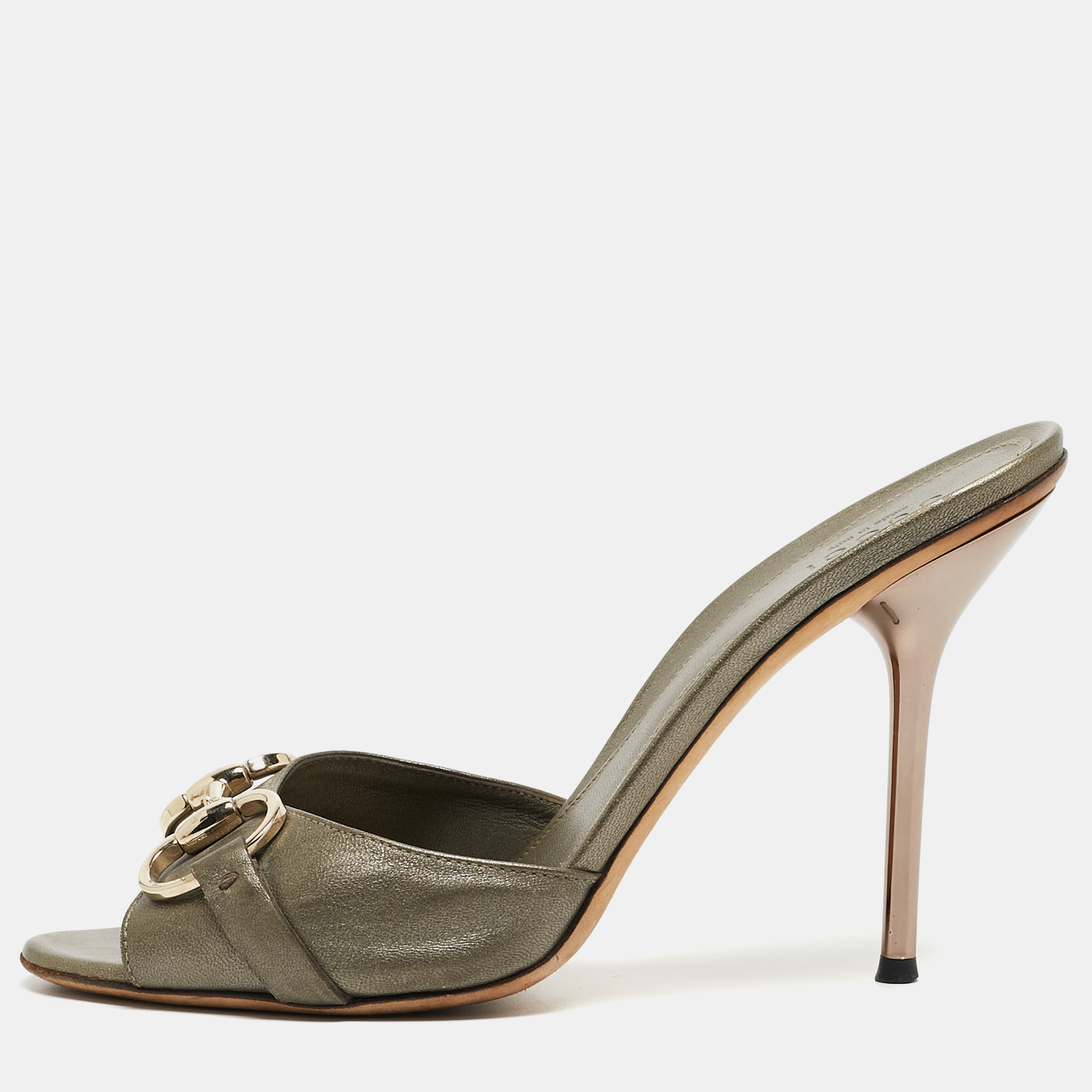 Gucci Metallic Leather Horsebit Slide Sandals Size 37
