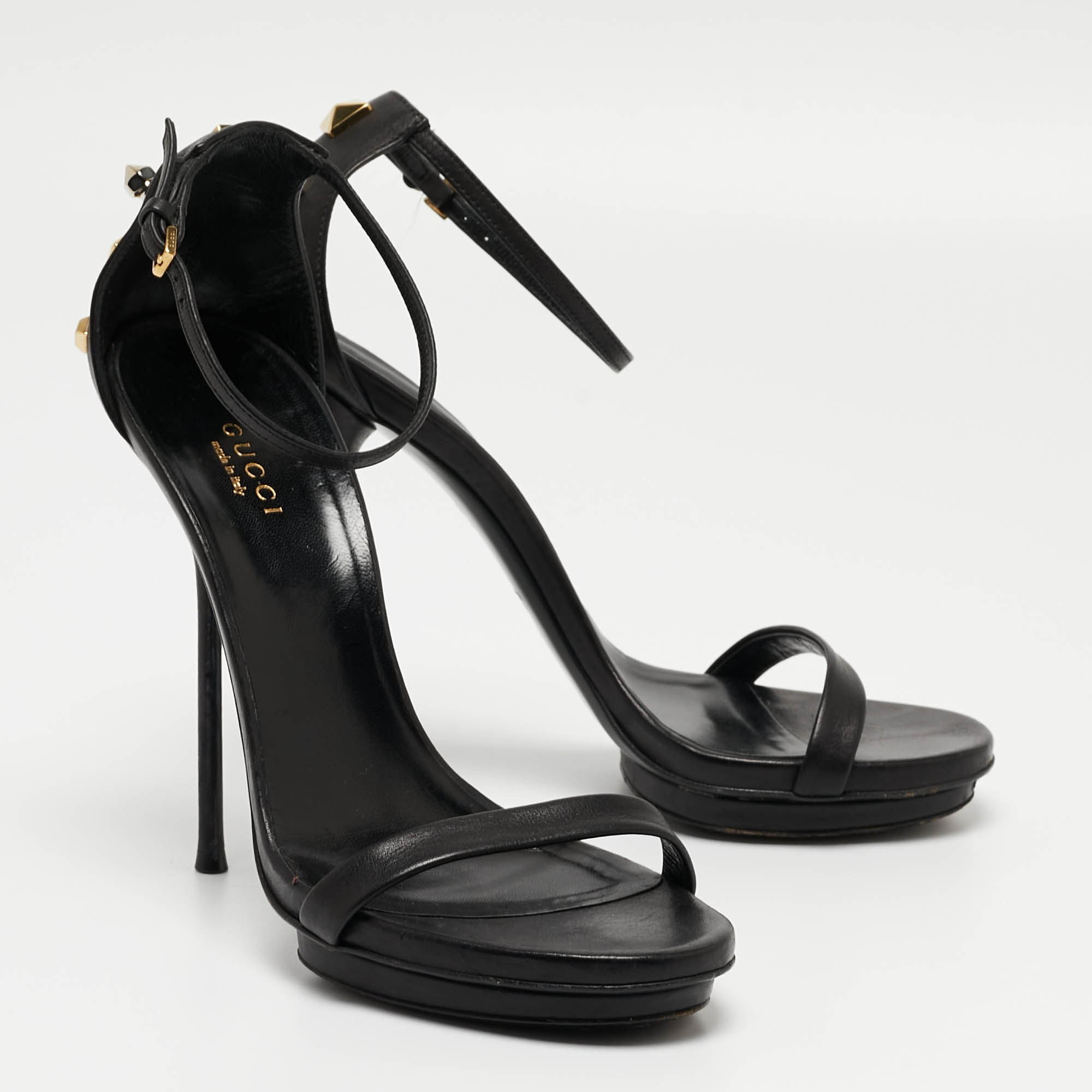Gucci Black Leather Studded Ankle Strap Sandals Size 38