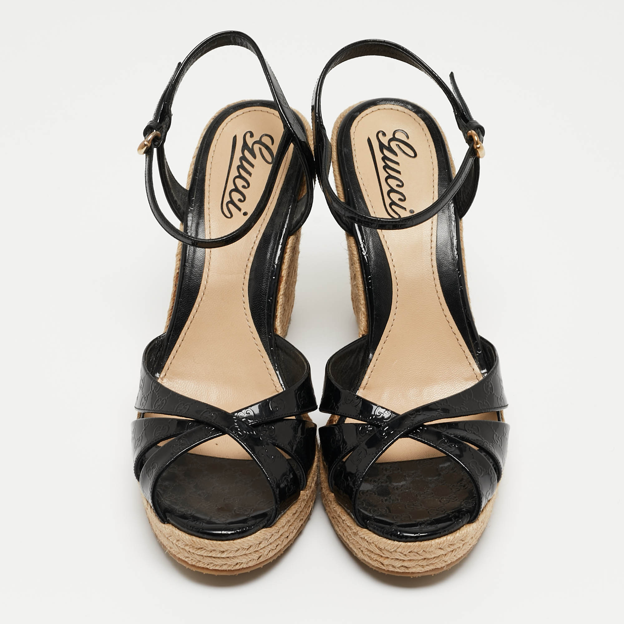 Gucci Black Microguccissima Patent Leather Penelope Espadrille Wedge Sandals Size 39