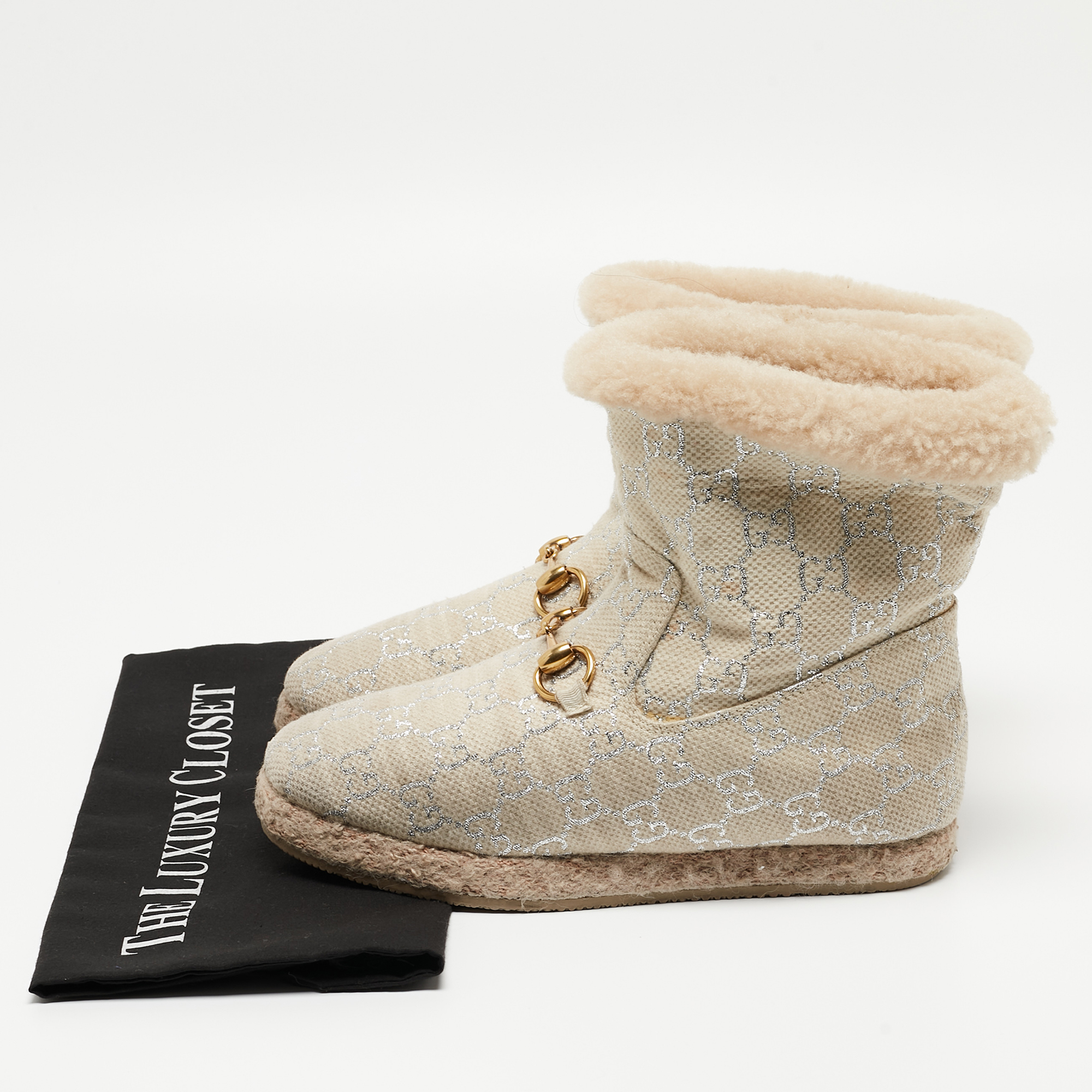 Gucci Beige Canvas And Fur Fria Horsebit Ankle Boots Size 37