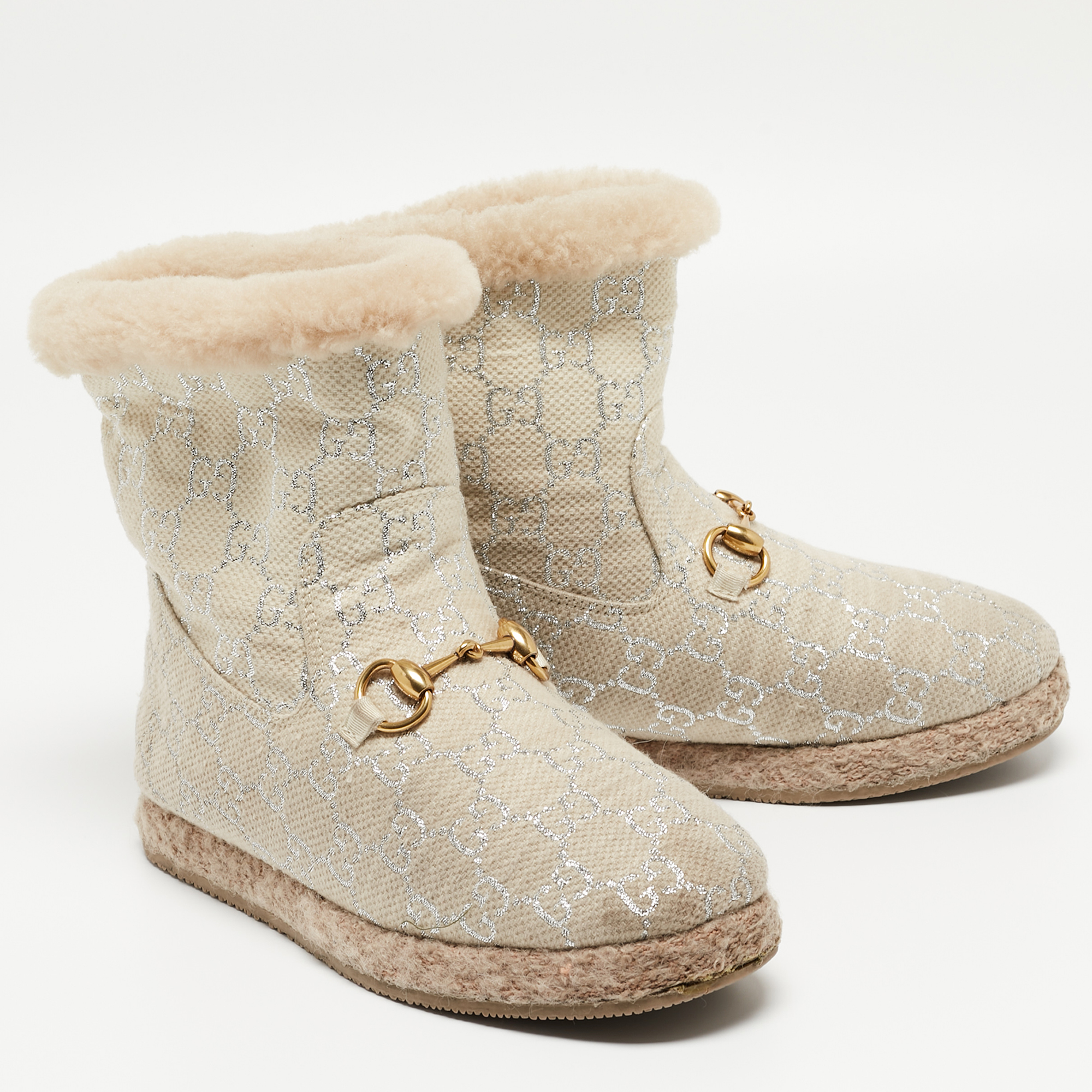 Gucci Beige Canvas And Fur Fria Horsebit Ankle Boots Size 37