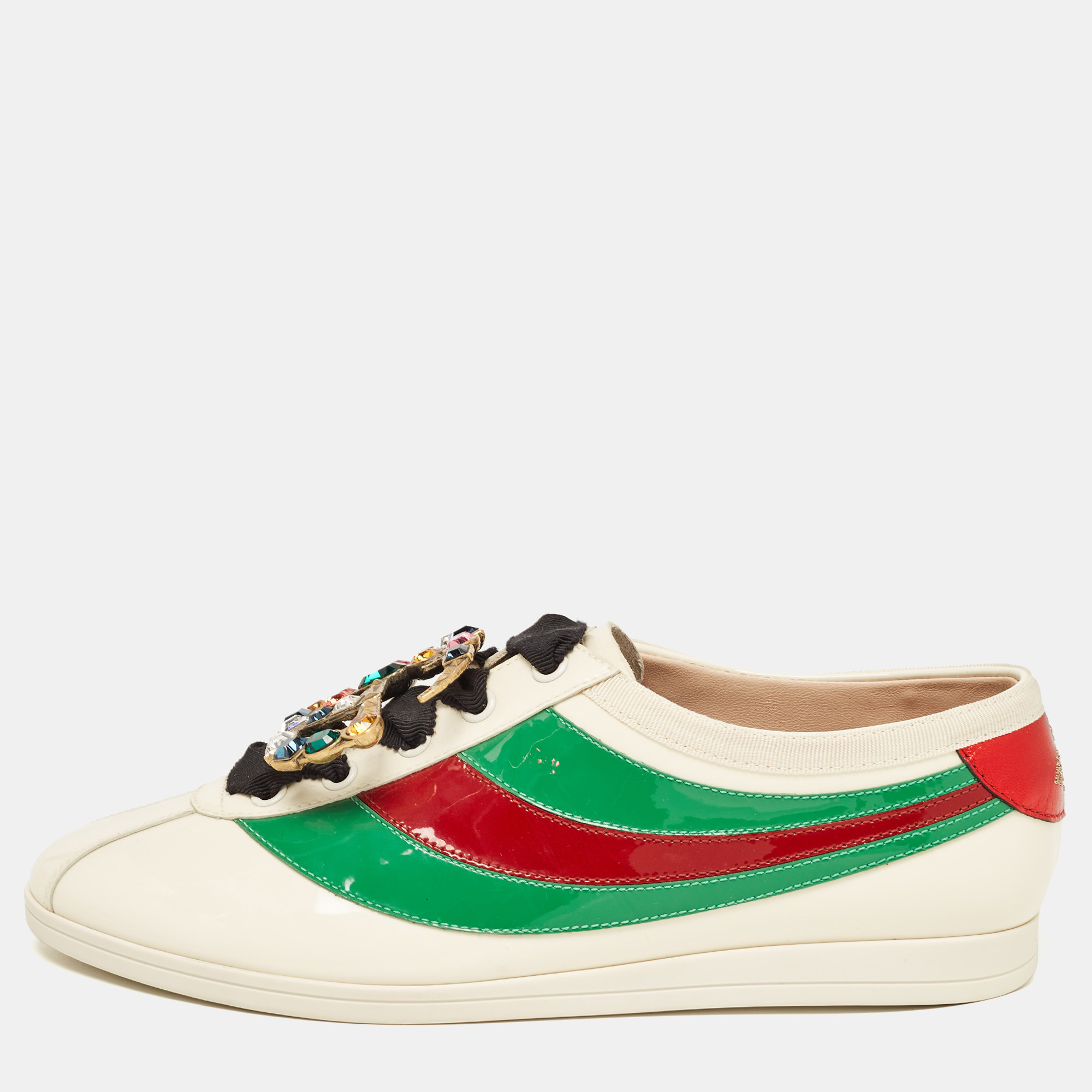 Gucci tricolor patent falacer crystal embellished low top  sneakers size 38