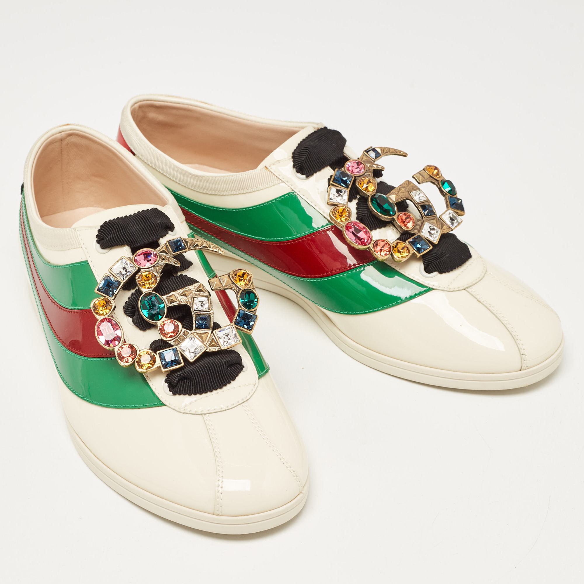 Gucci Tricolor Patent Falacer Crystal Embellished Low Top  Sneakers Size 38