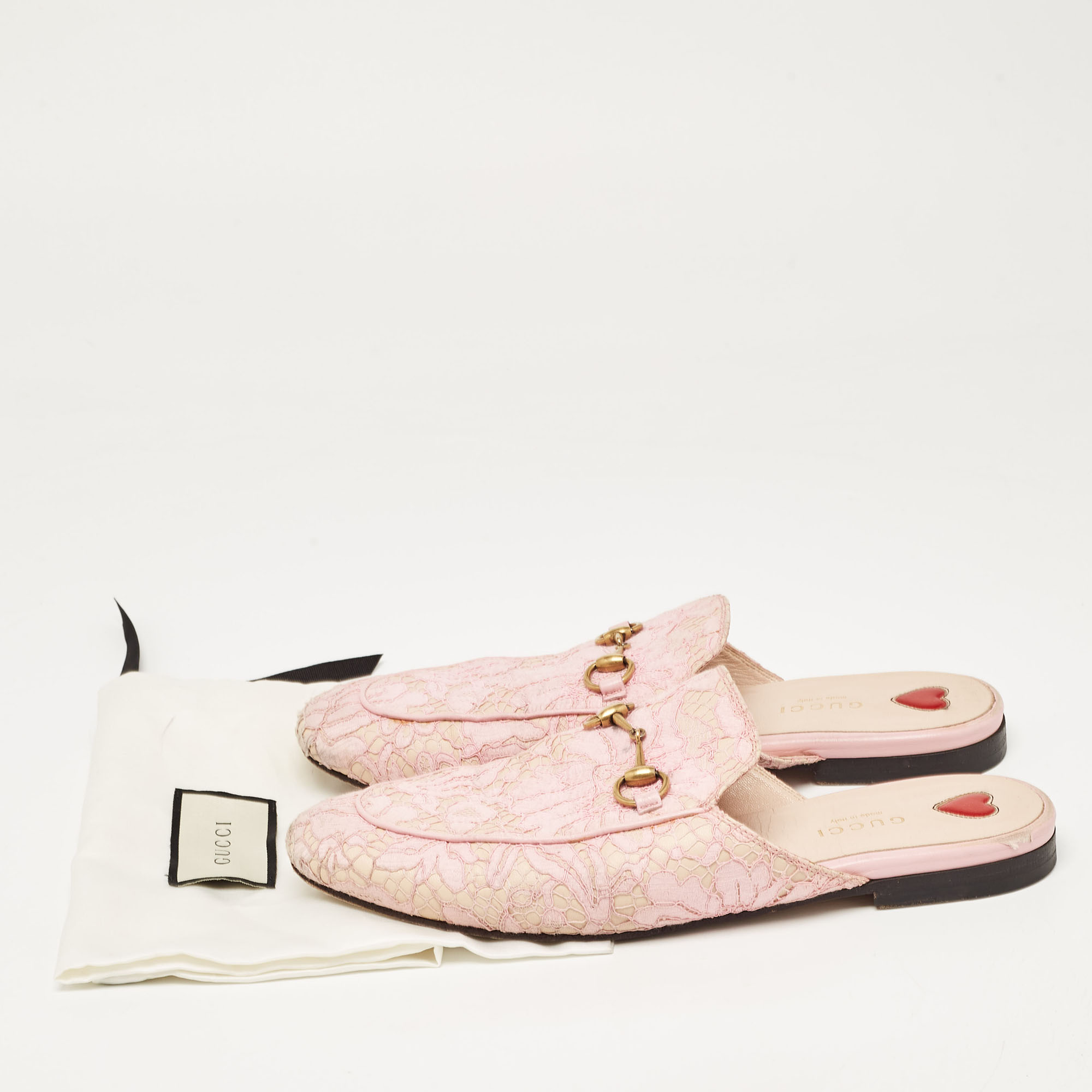 Gucci Pink Lace And Mesh Princetown Mules Size 38.5