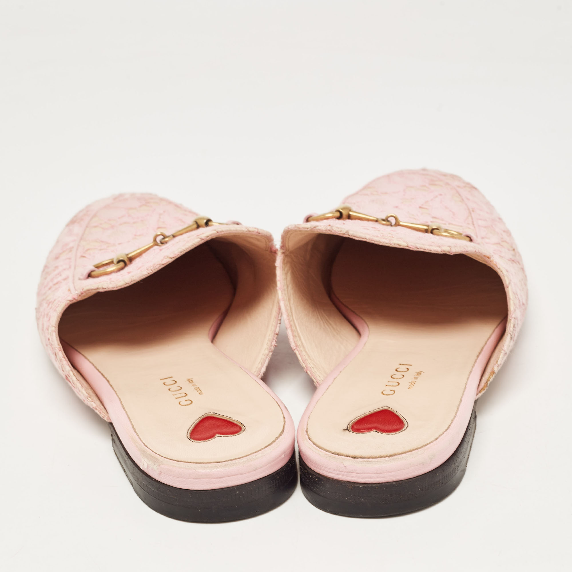 Gucci Pink Lace And Mesh Princetown Mules Size 38.5