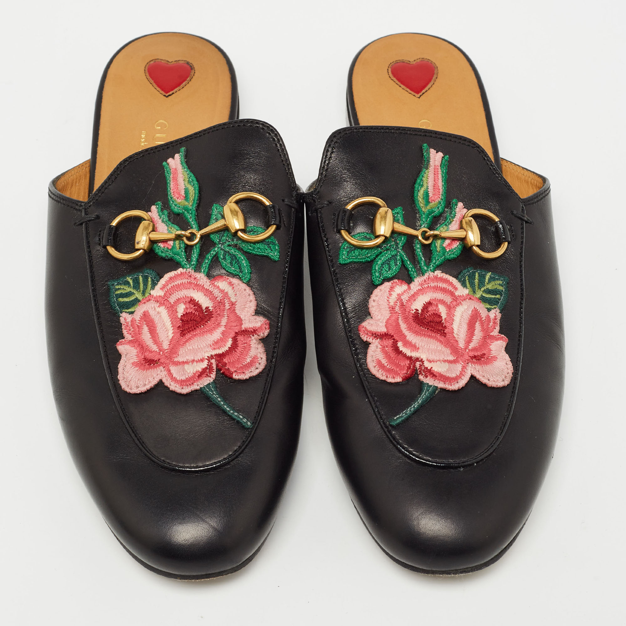 Gucci Black Leather Rose Embroidered Princetown Horsebit Flat Mules Size 37