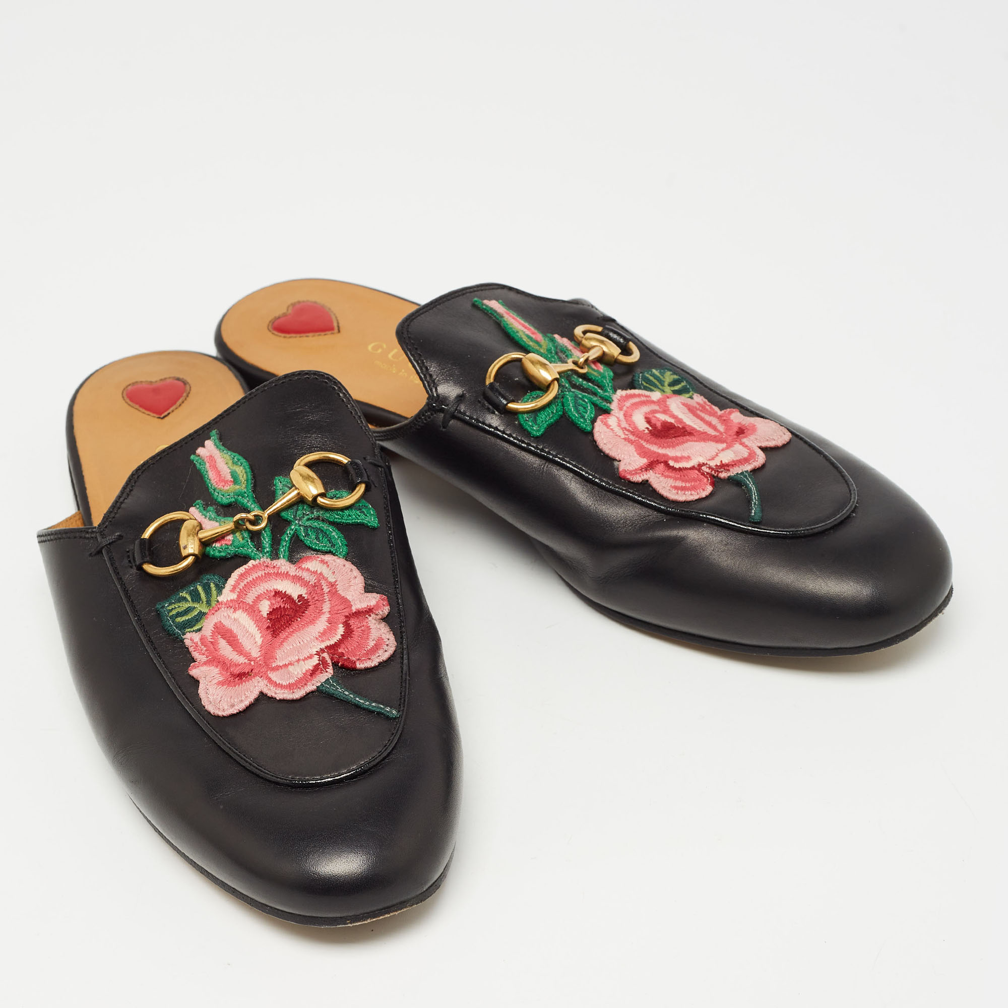 Gucci Black Leather Rose Embroidered Princetown Horsebit Flat Mules Size 37