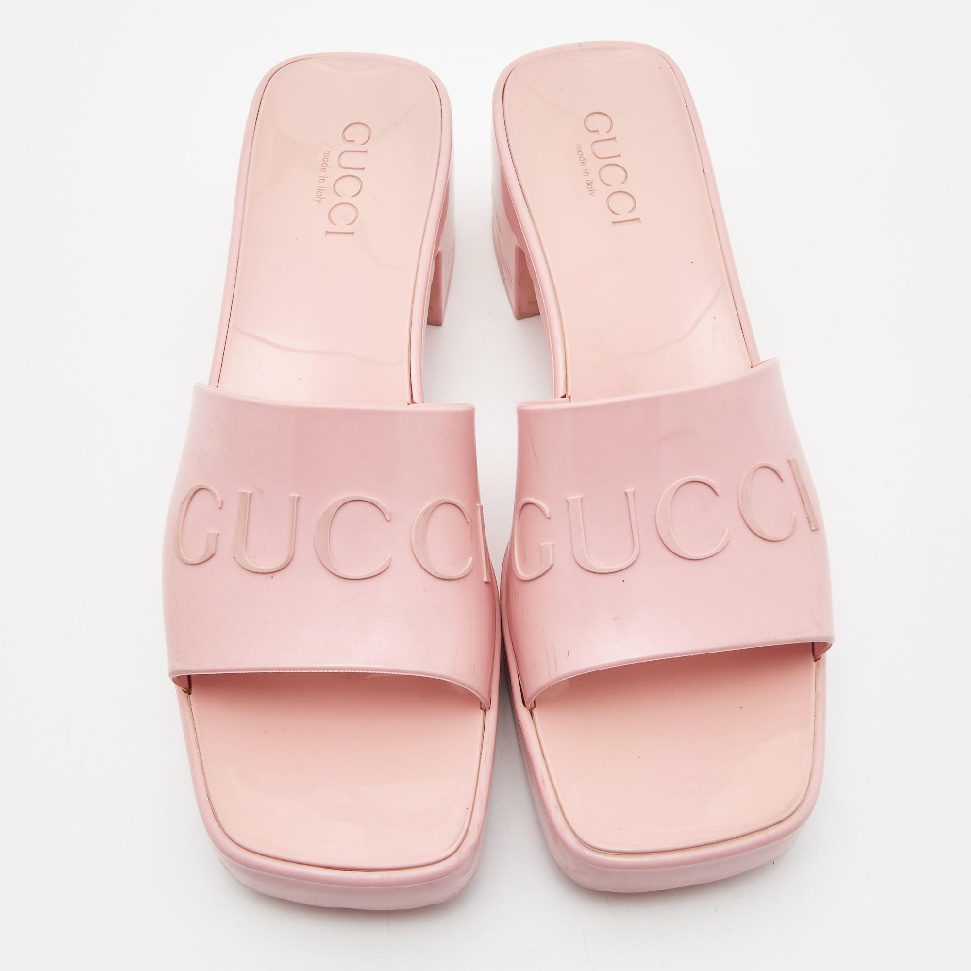 Gucci Pink Rubber Embossed Logo Block Heel Slide Sandals Size 39