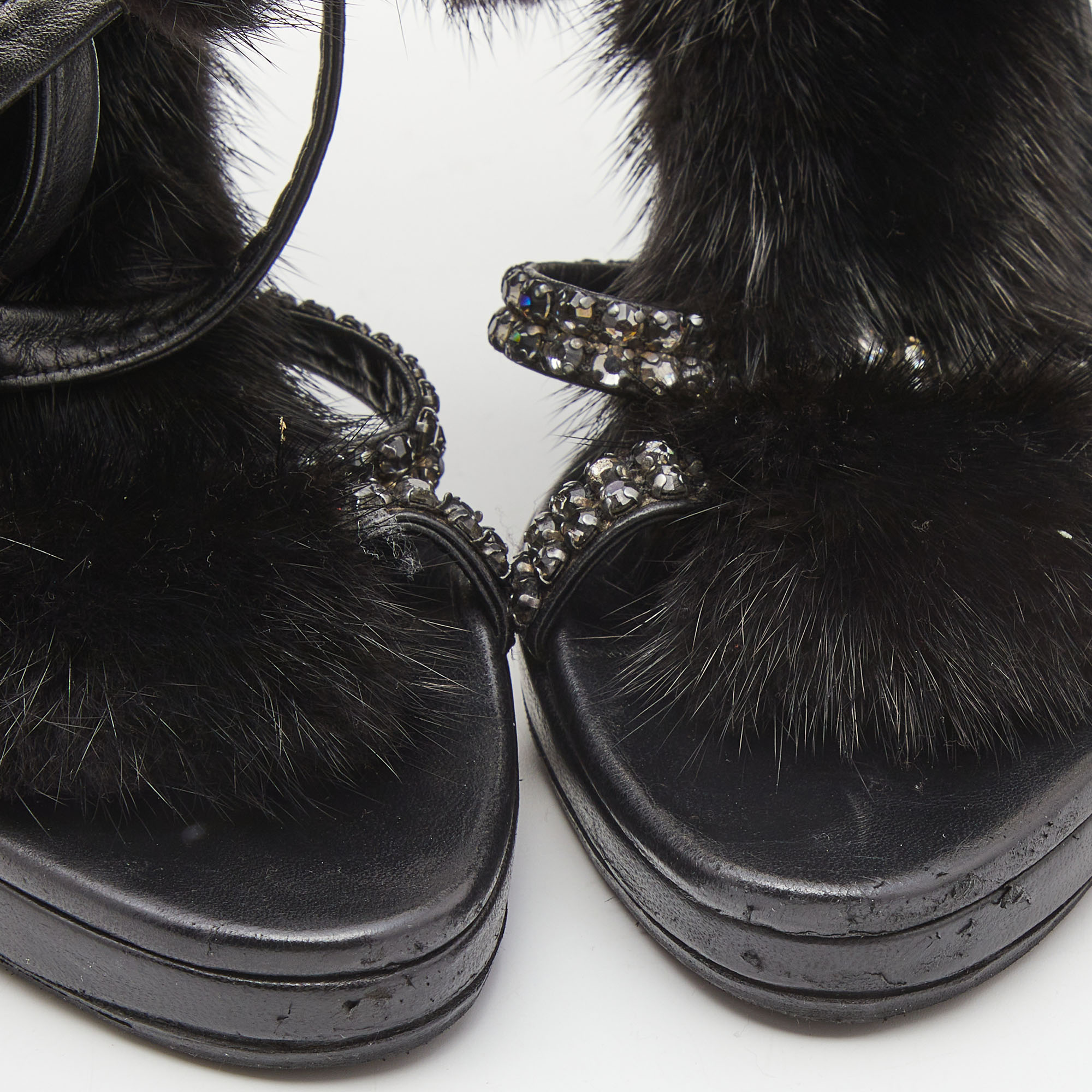 Gucci Black Python Leather And Mink Fur Crystal Embellished Ankle Wrap Sandals Size 36