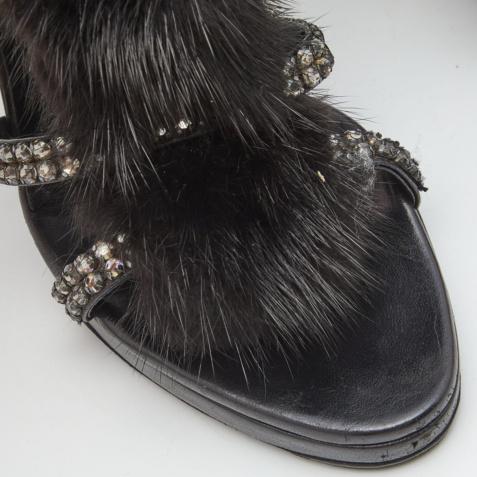 Gucci Black Python Leather And Mink Fur Crystal Embellished Ankle Wrap Sandals Size 36