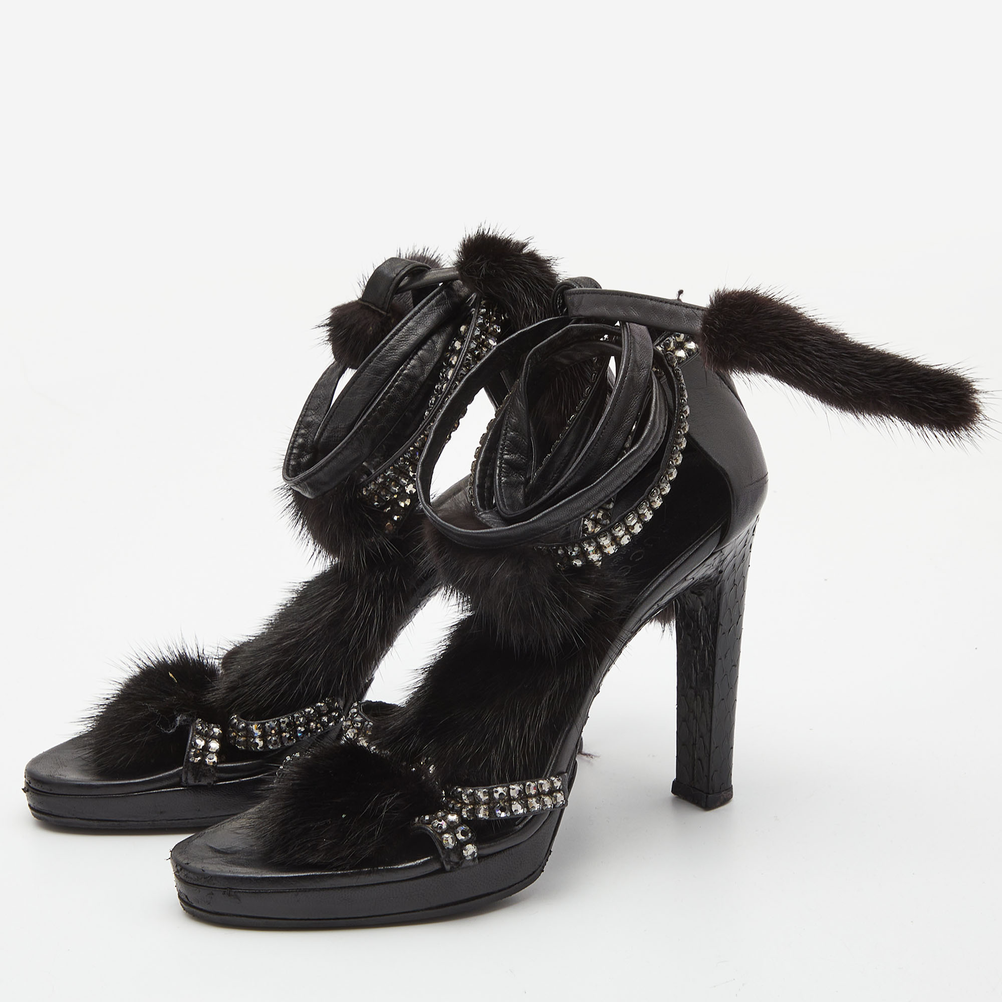 Gucci Black Python Leather And Mink Fur Crystal Embellished Ankle Wrap Sandals Size 36